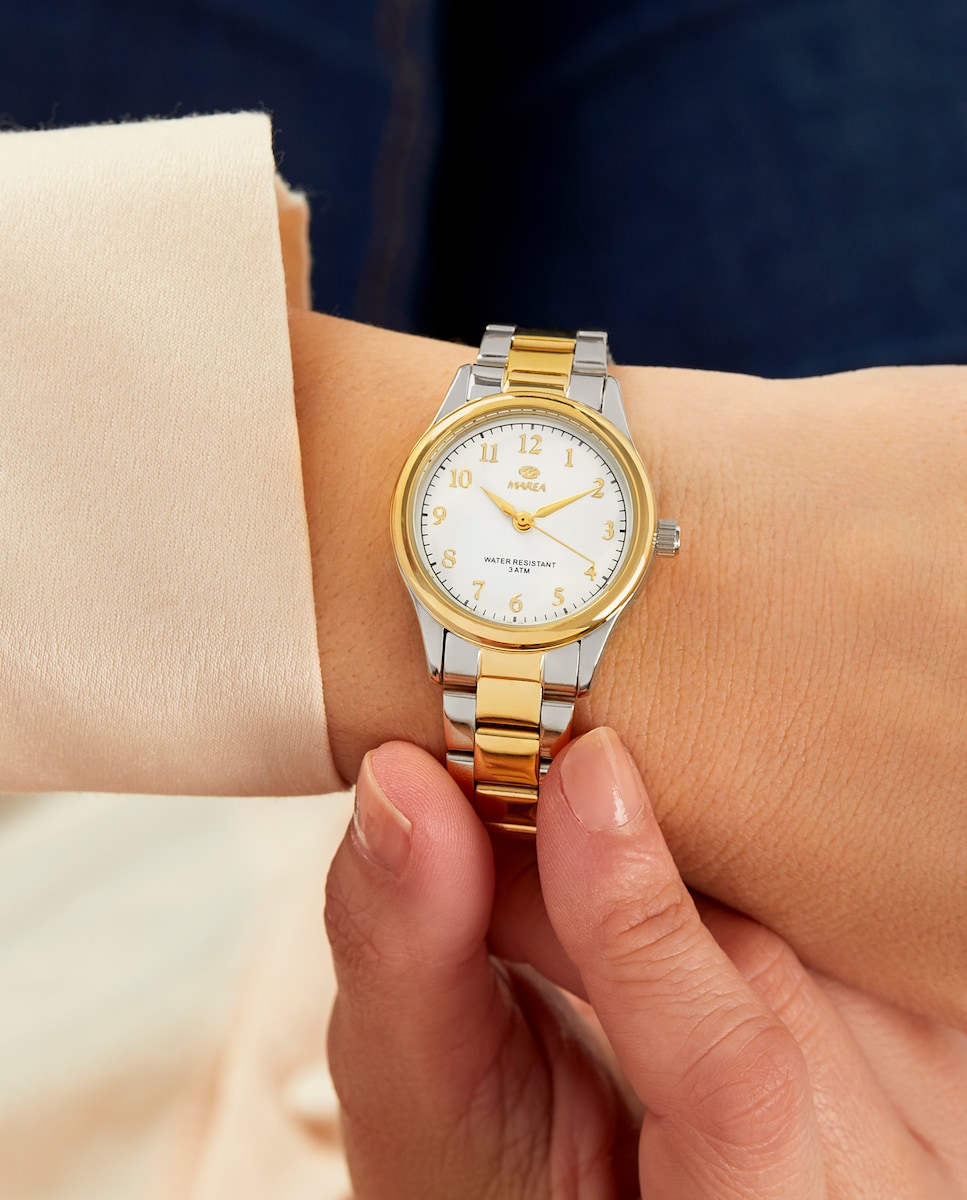 Reloj de mujer B41390/2  correa de acero bicolor y esfera blanca con índices y agujas en color dorado Plata-2