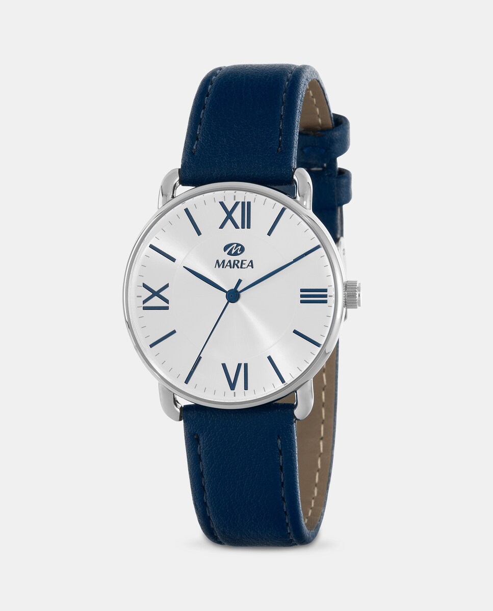 Reloj de mujer B41386/4 correa de piel azul oscuro y esfera plateada con  índices y agujas en color azul oscuro