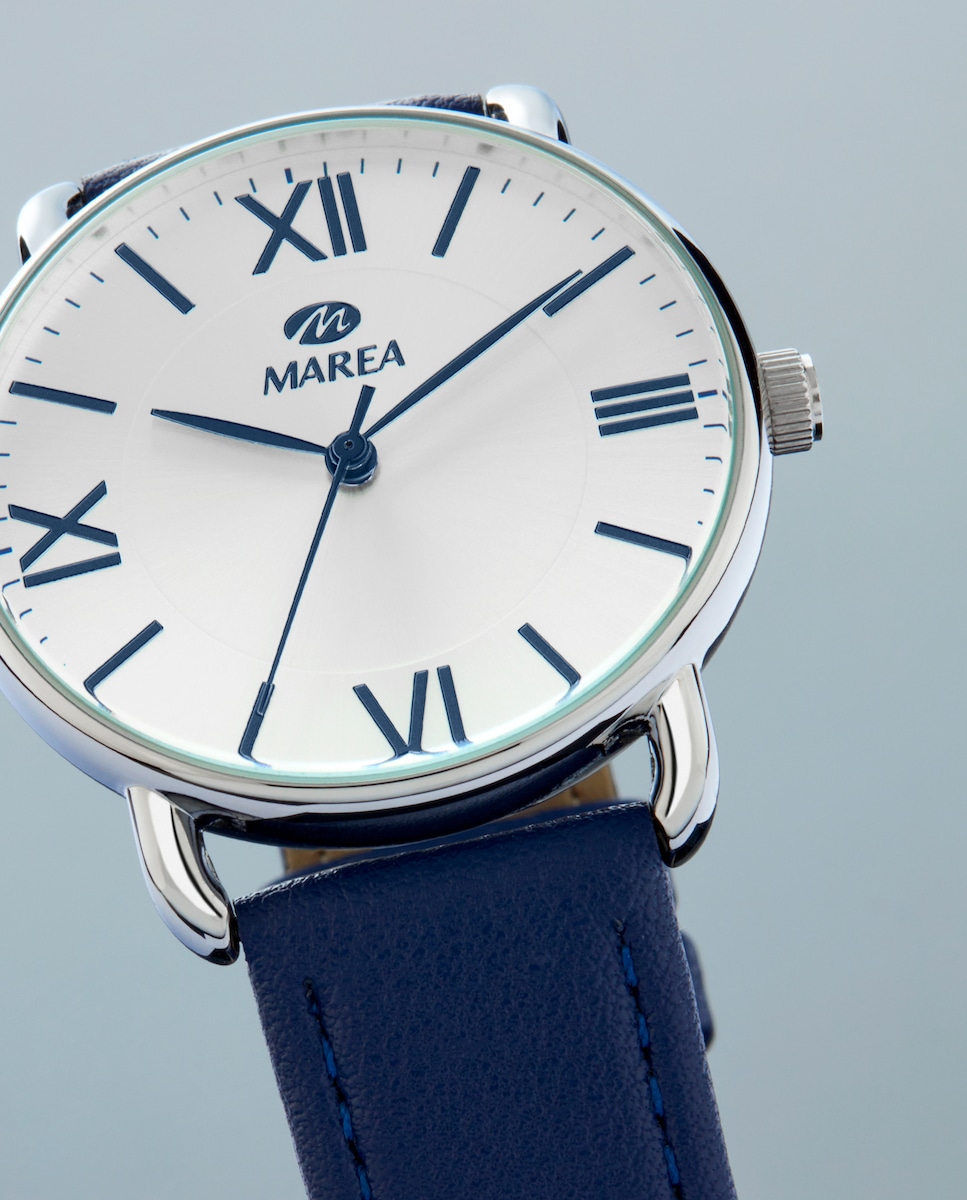 Reloj de mujer B41386/4 correa de piel azul oscuro y esfera plateada con  índices y agujas en color azul oscuro