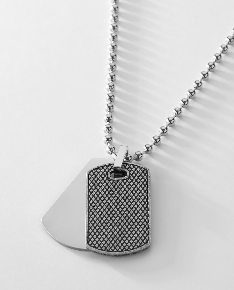 Collar de hombre C00107/115 de acero con placa frontal negra con dibujo y placa trasera brillante Plata-3