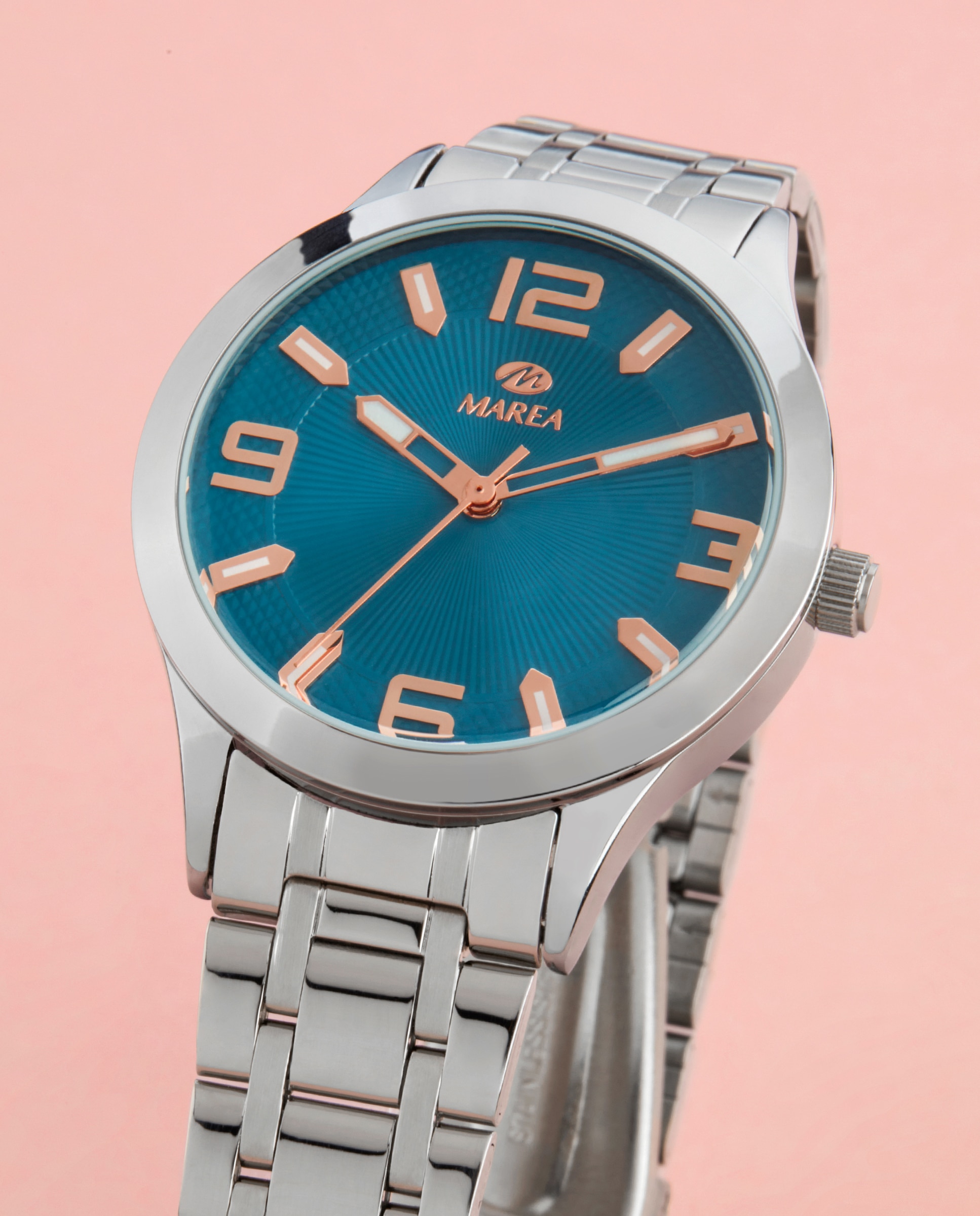 Reloj analógico de mujer b41405 2 correa de acero color plata y esfera color verde con índices y agujas en color rose gold - Marea - Plateado Plateado-3