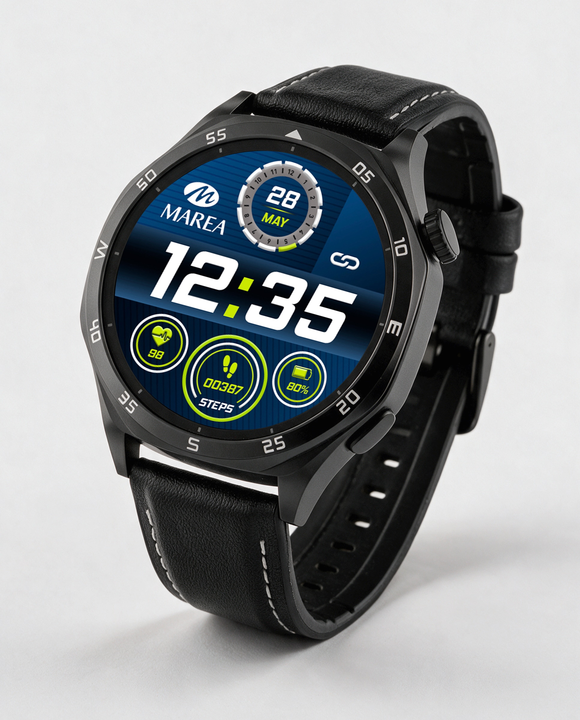 Smartwatch b58016/8 con correa de cuero negra y correa de acero negra de regalo - Marea - Negro Negro-4