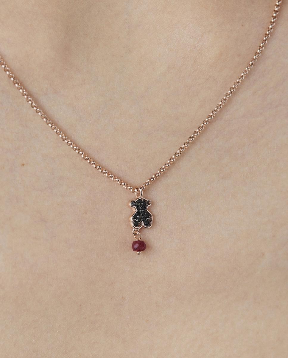 Collar Con Baño De Oro Rosa 18 Kt Sobre Plata Y Espinelas, Rubí Y Perla Motif