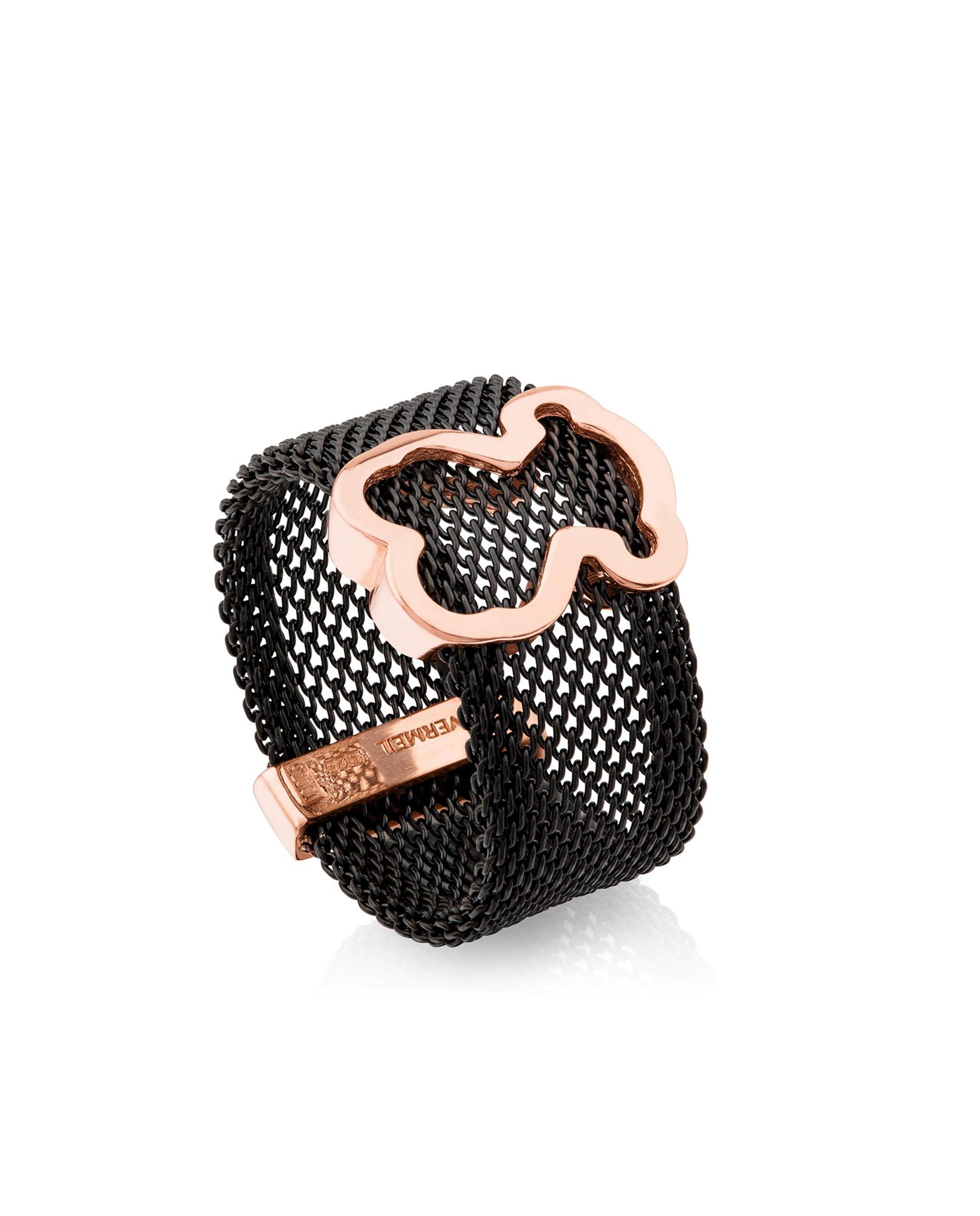 Anillo Icon Mesh de acero IP negro con motivo banado en oro 18 kt sobre plata rosa