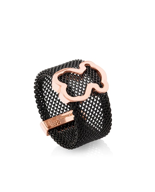 Imagen 0 de Anillo Icon Mesh de acero IP negro con motivo bañado en oro 18 kt sobre plata rosa