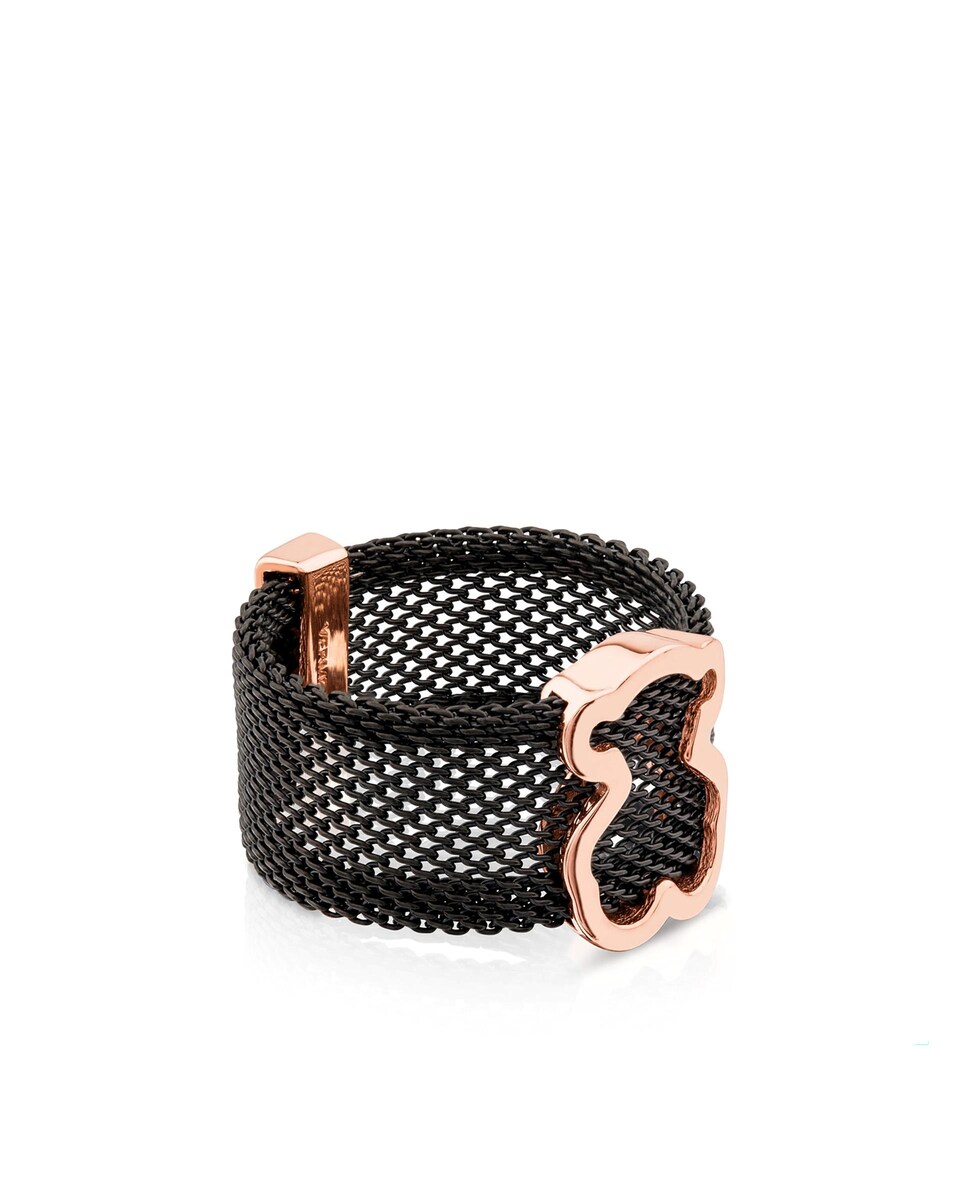 Anillo Icon Mesh de acero IP negro con motivo bañado en oro 18 kt
