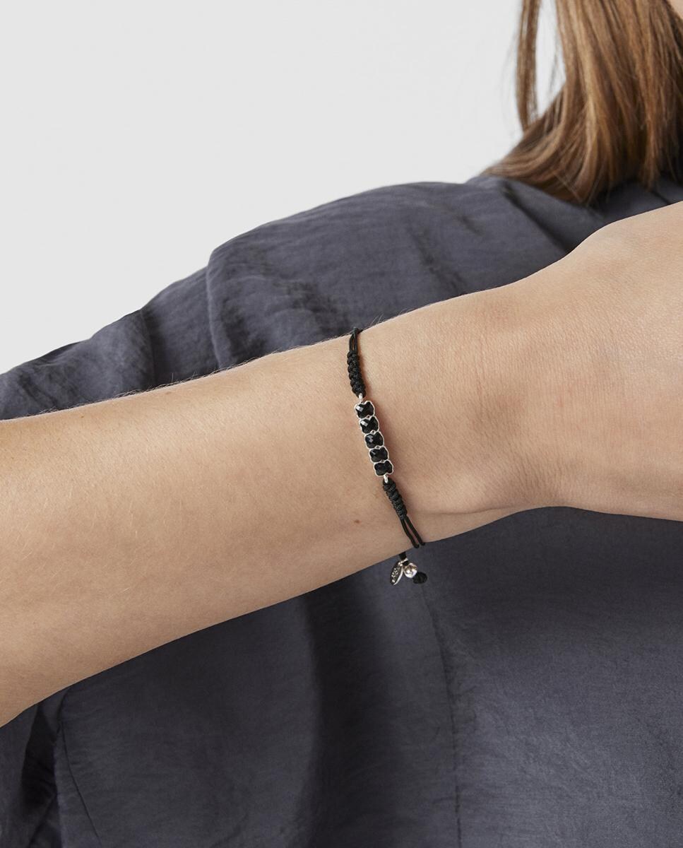 Pulsera Mini Onix de plata con ónix y cordón de color negro