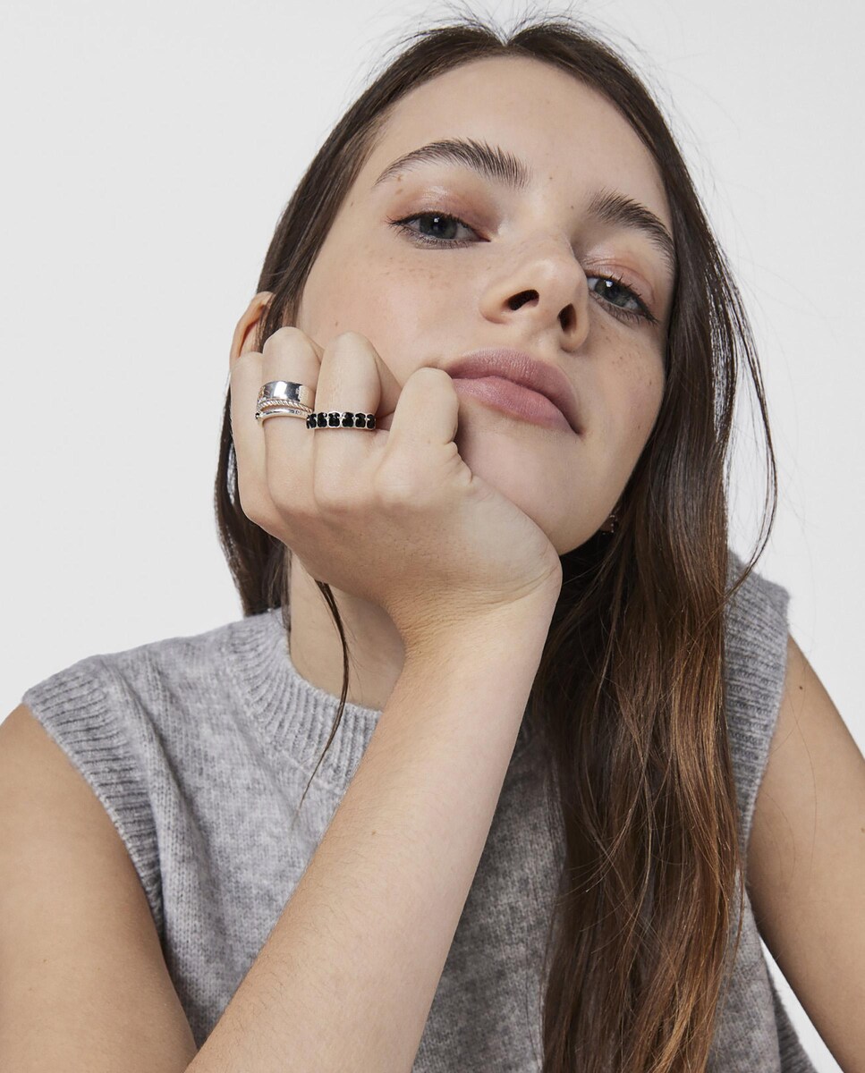 Anillo Mini Onix de plata con osos de ónix Negro-4