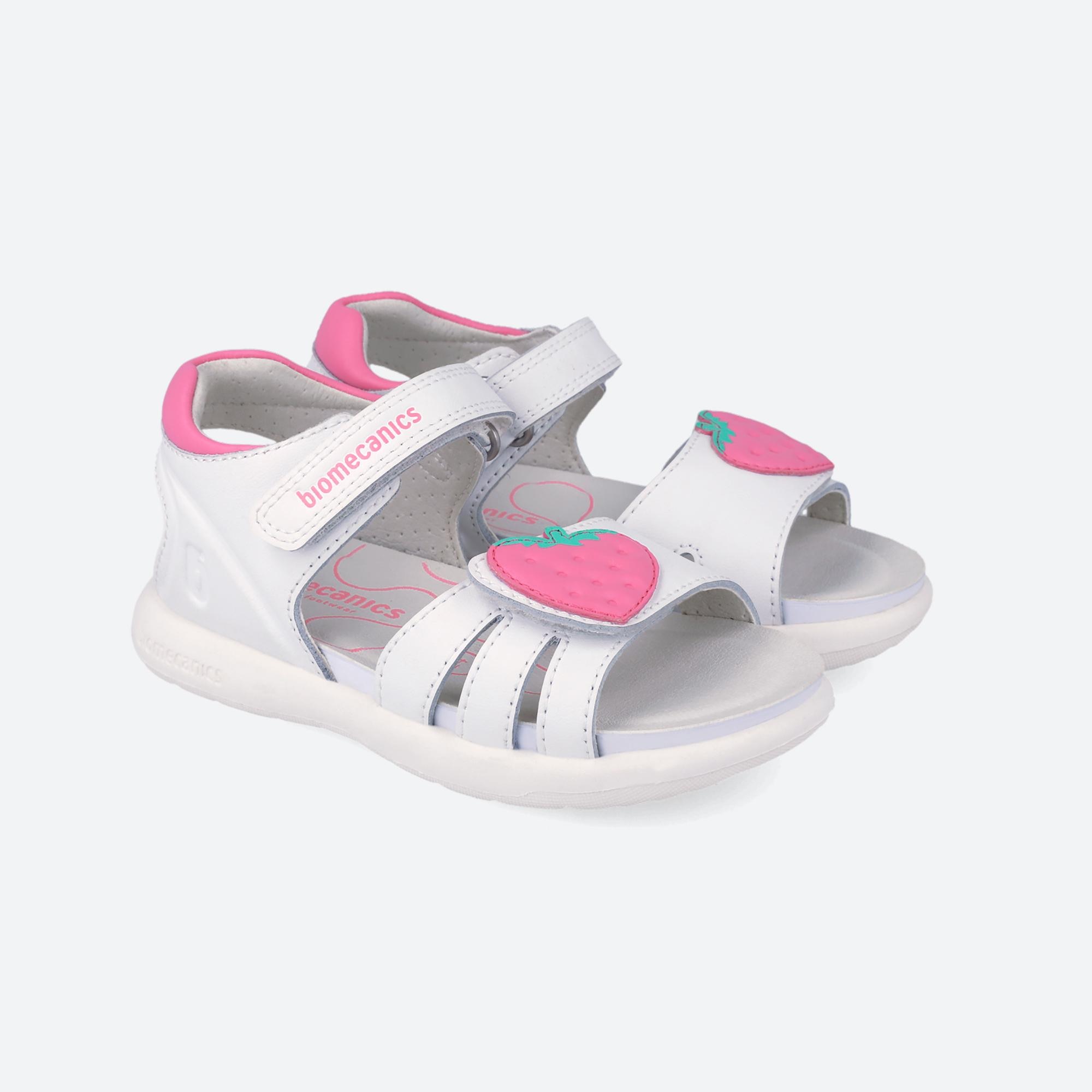 Sandalia de niña en piel con puntera abierta - Biomecanics - Blanco / Rosa Blanco / Rosa-2