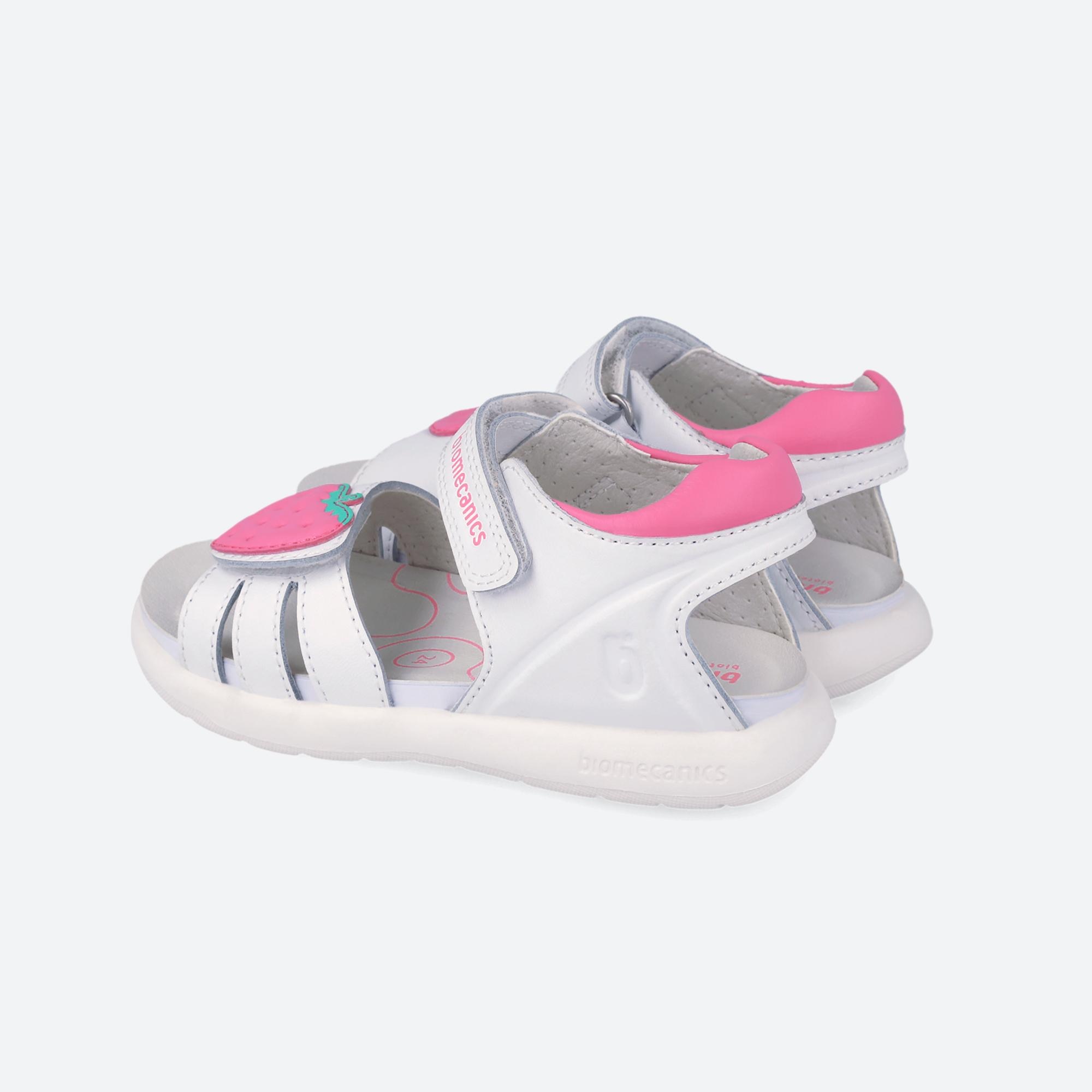 Sandalia de niña en piel con puntera abierta - Biomecanics - Blanco / Rosa Blanco / Rosa-3