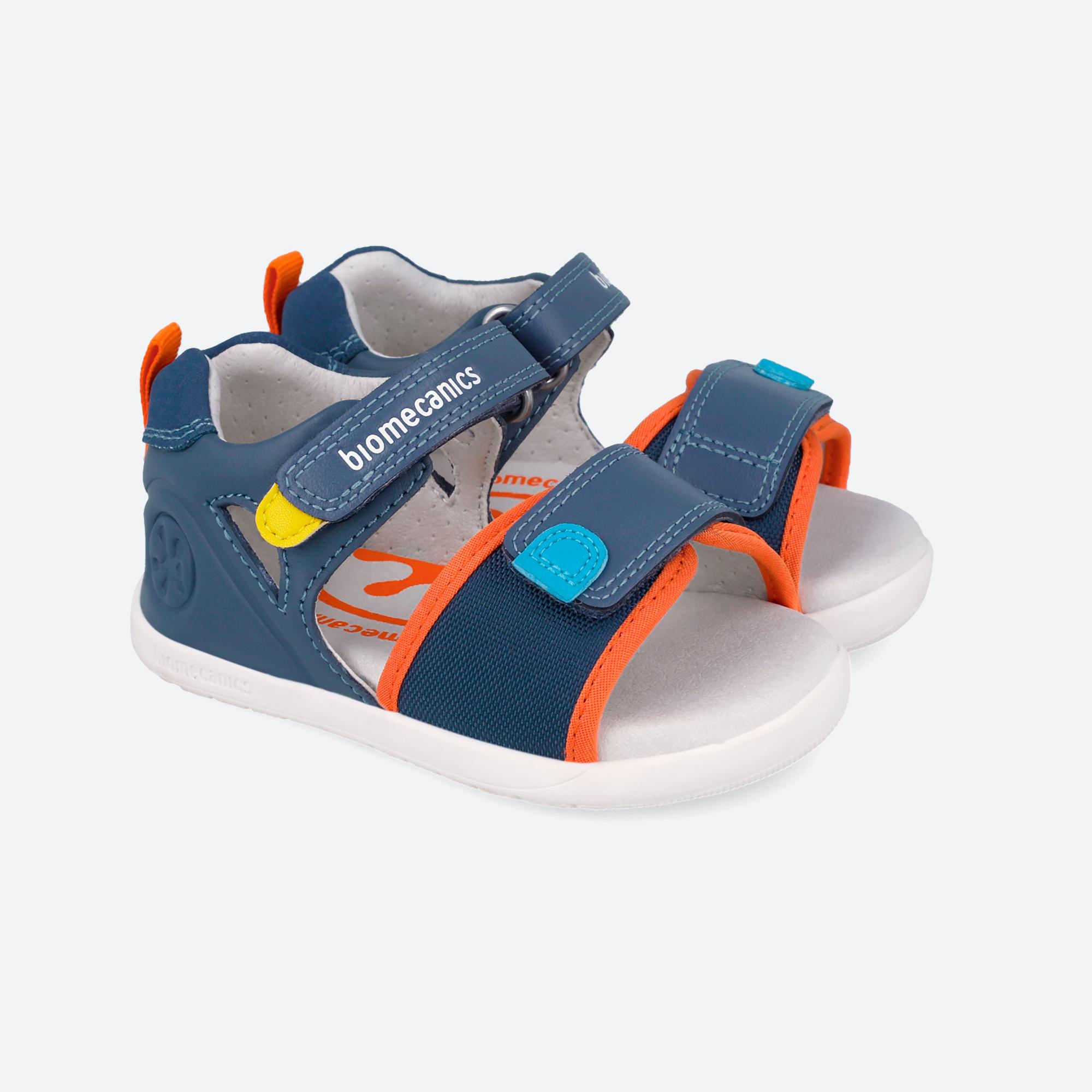 Sandalias de bebés de piel respetuosas con el crecimiento natural del pie con cierre adherente - Biomecanics - Azul marino / Naranja Azul marino / Naranja-2