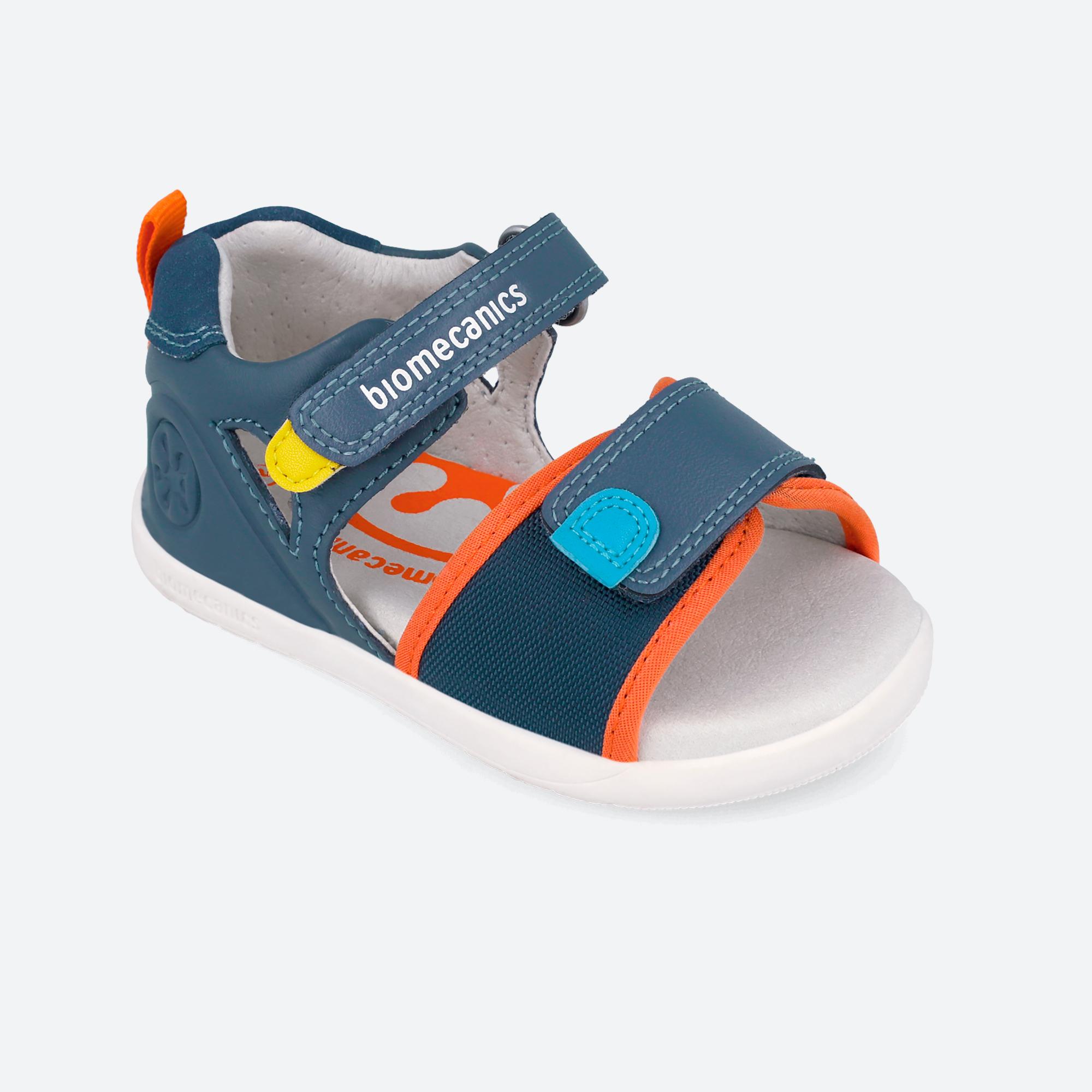 Sandalias de bebés de piel respetuosas con el crecimiento natural del pie con cierre adherente - Biomecanics - Azul marino / Naranja Azul marino / Naranja-4