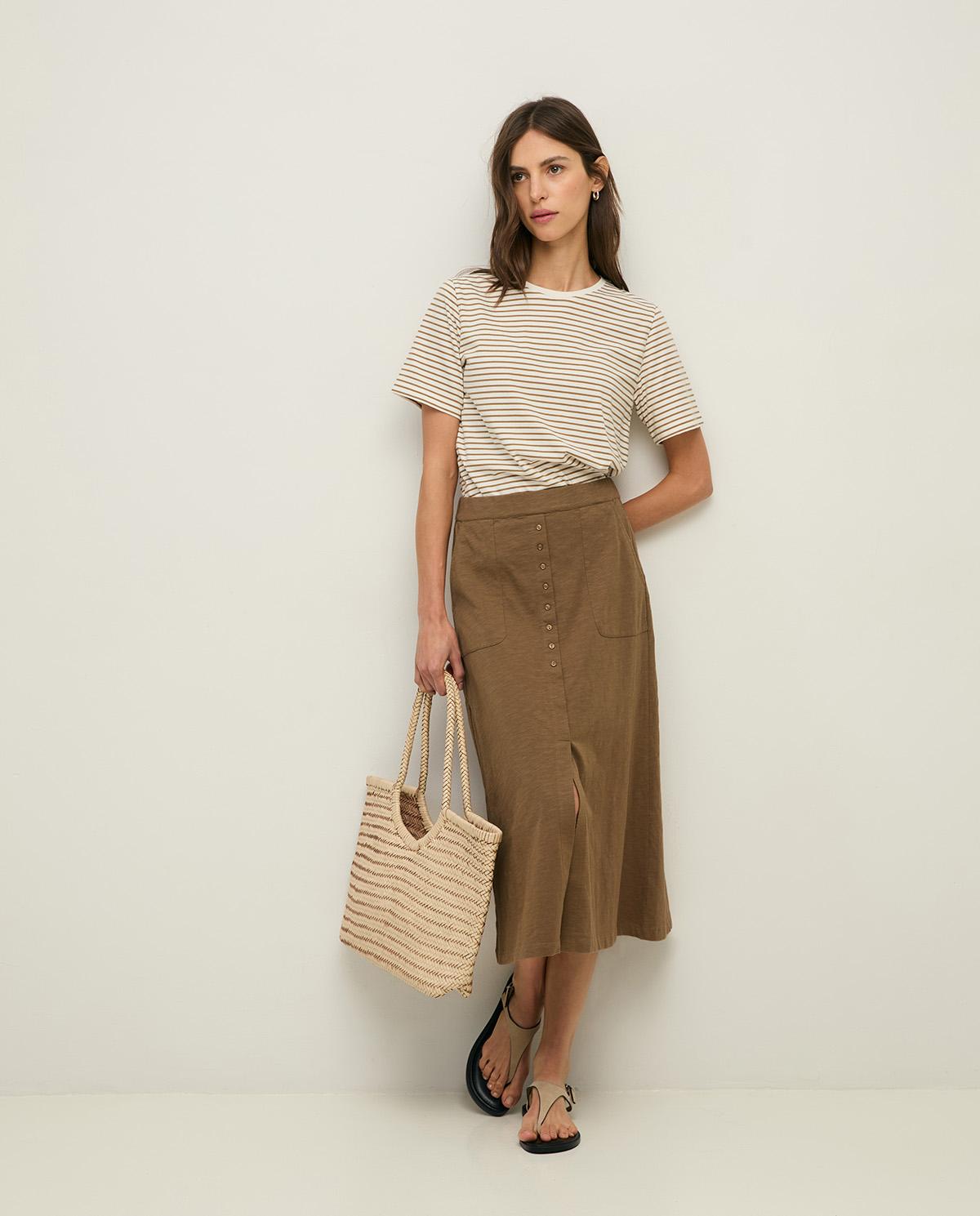 Falda midi con cintura elástica y botones en la parte frontal - Yerse - Kaki Kaki-1