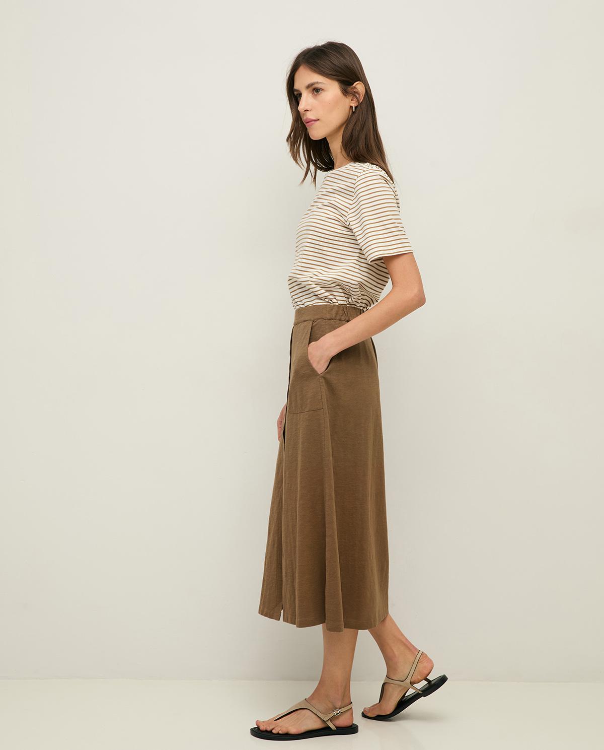 Falda midi con cintura elástica y botones en la parte frontal - Yerse - Kaki Kaki-3
