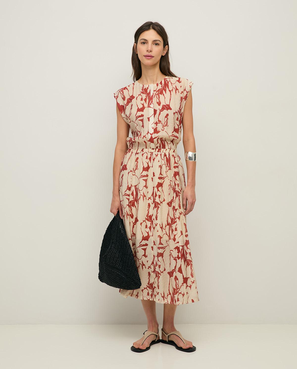 Yerse - Vestido midi con escote redondo y cintura fruncida.