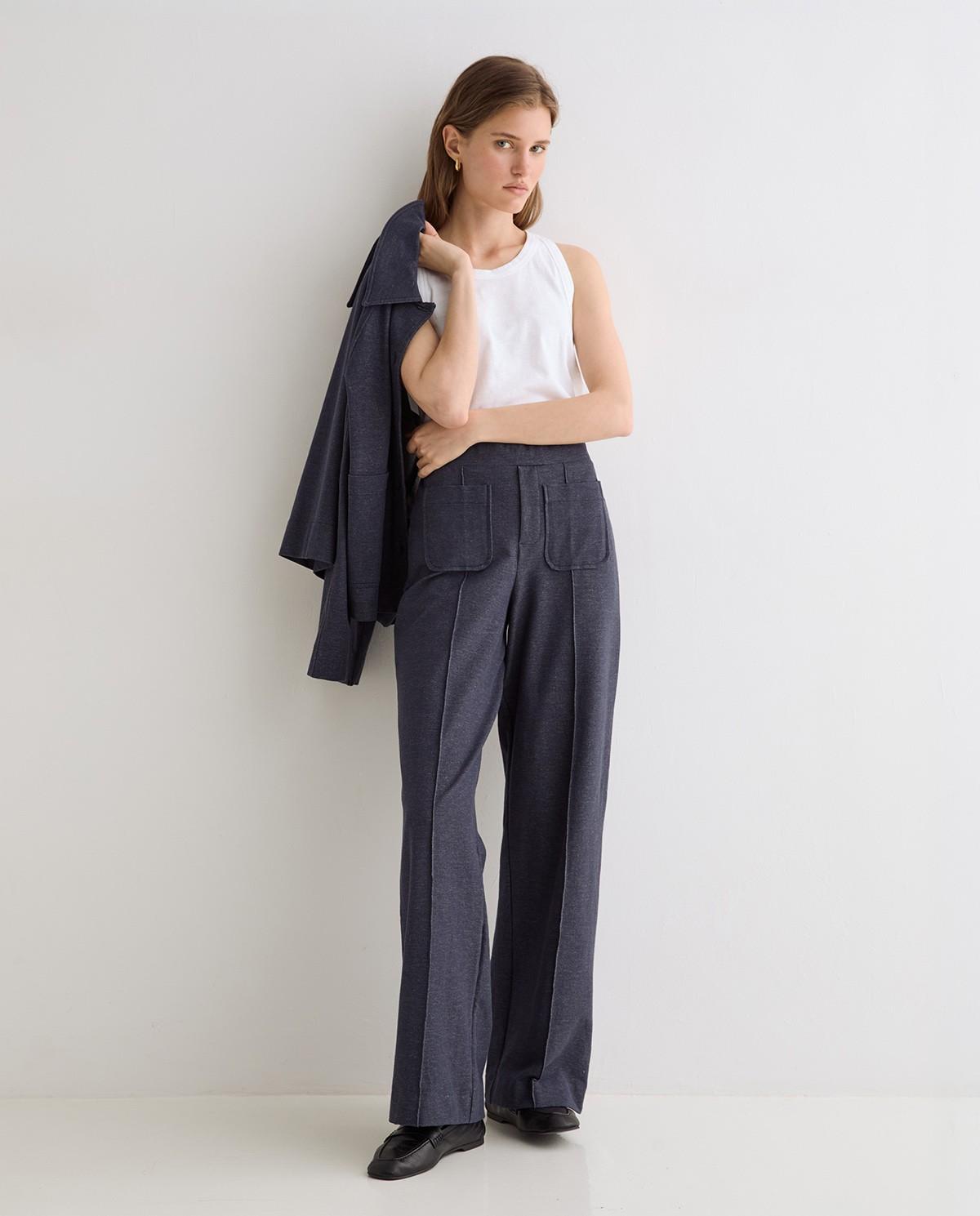 Pantalón recto de mujer de punto efecto denim - Yerse - Blanco Blanco-5
