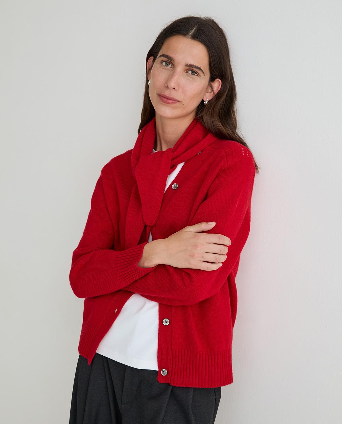 Cárdigan de mujer con escote pico y pañuelo extraíble - Yerse - Rojo Rojo-1