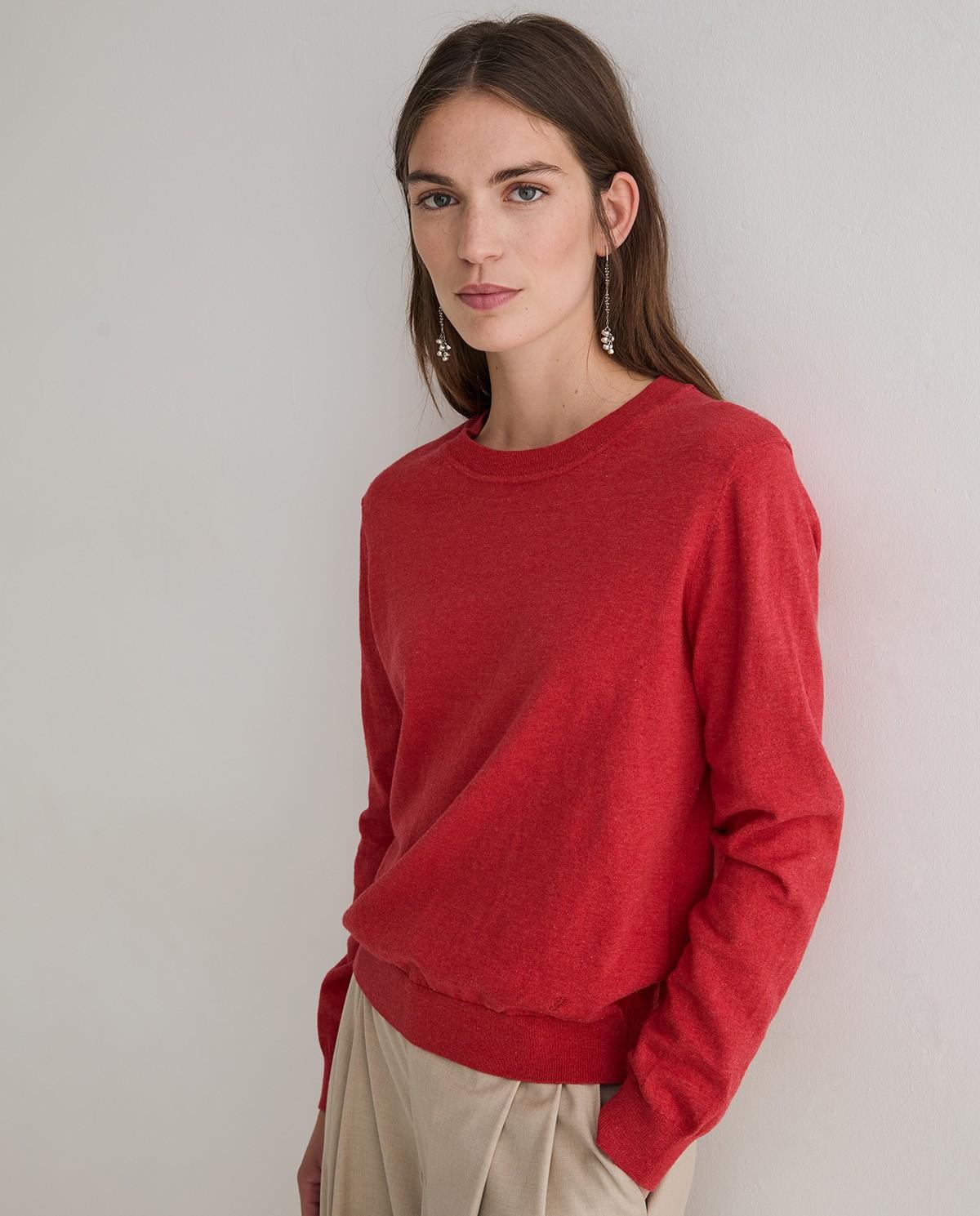 Jersey de mujer en punto fino con acabados en canalé - Yerse - Rojo Rojo-1