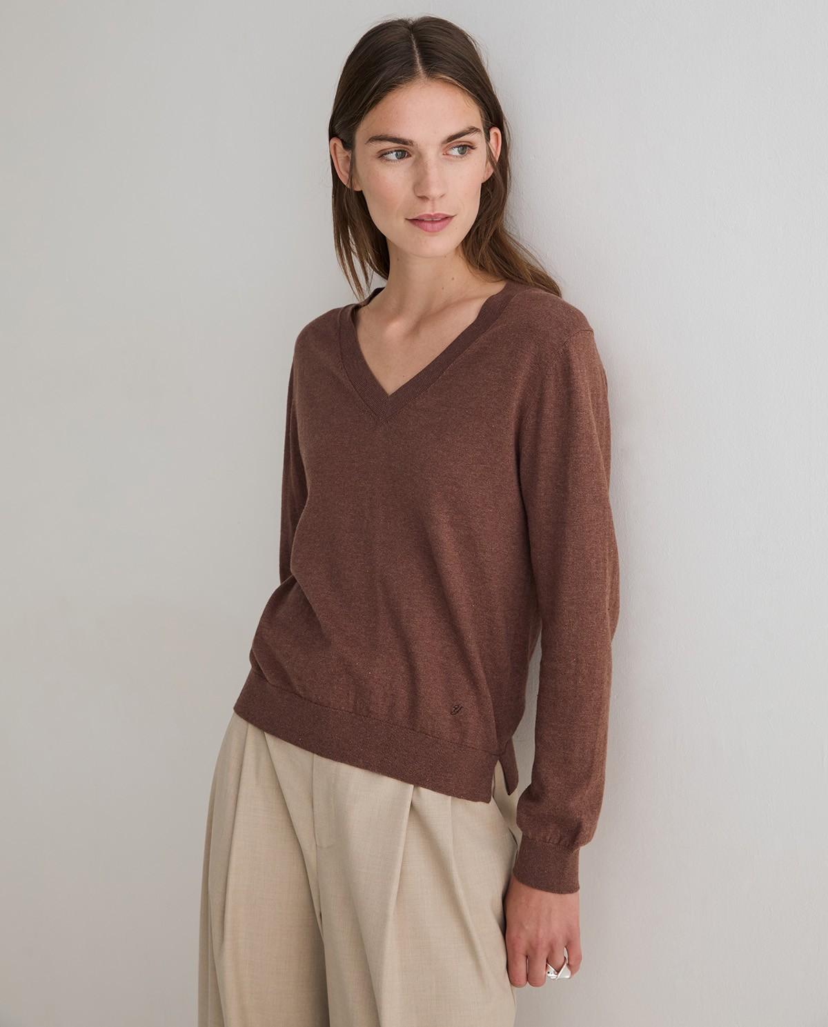 Jersey de mujer de punto fino con cuello pico - Yerse - Marrón Marrón-1