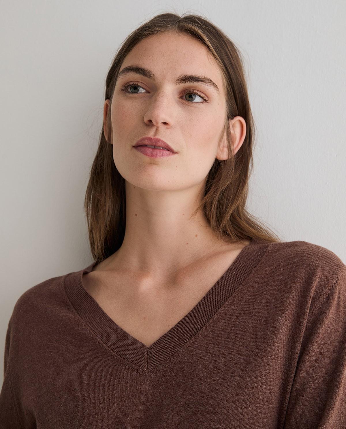 Jersey de mujer de punto fino con cuello pico - Yerse - Marrón Marrón-2