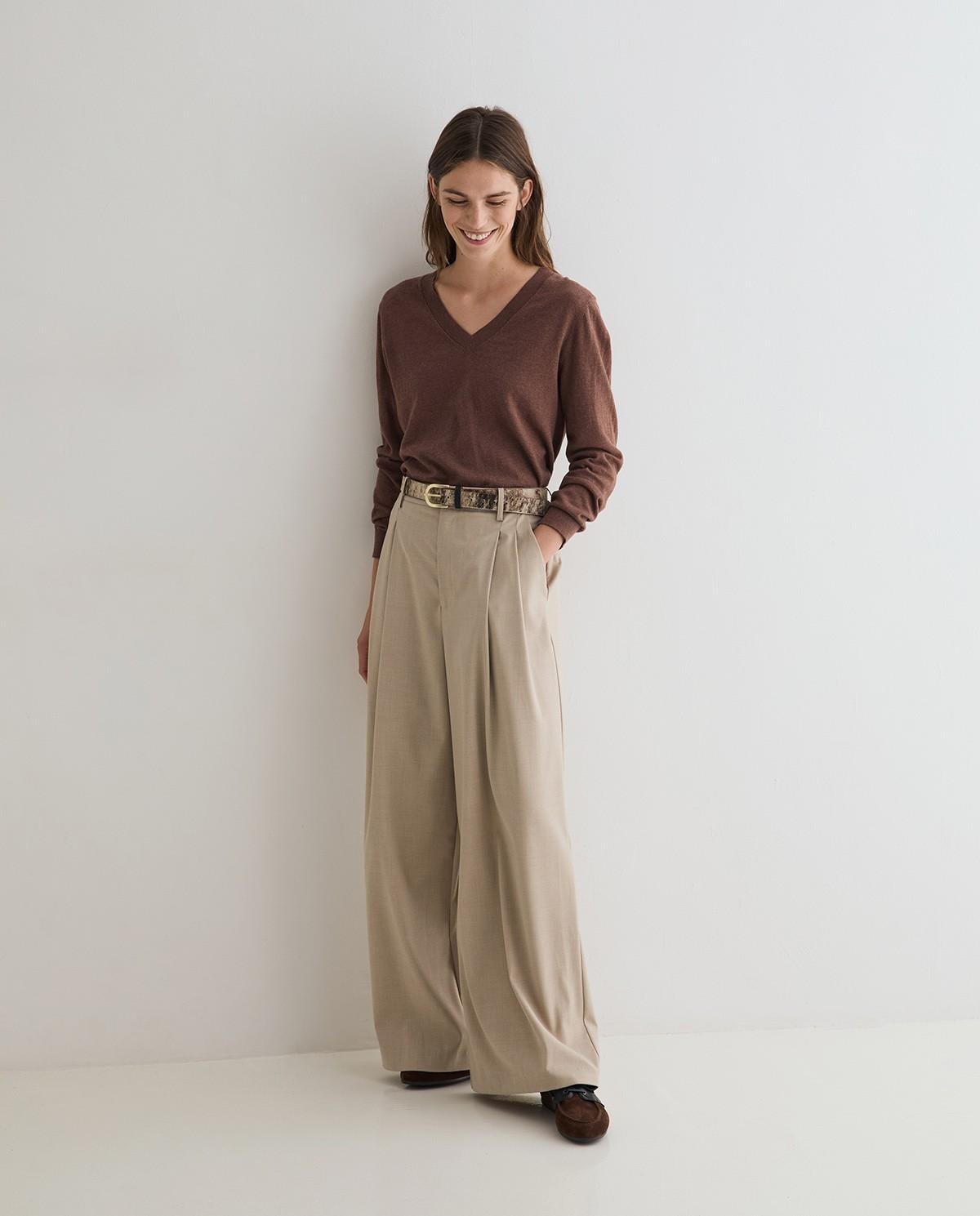 Jersey de mujer de punto fino con cuello pico - Yerse - Marrón Marrón-5