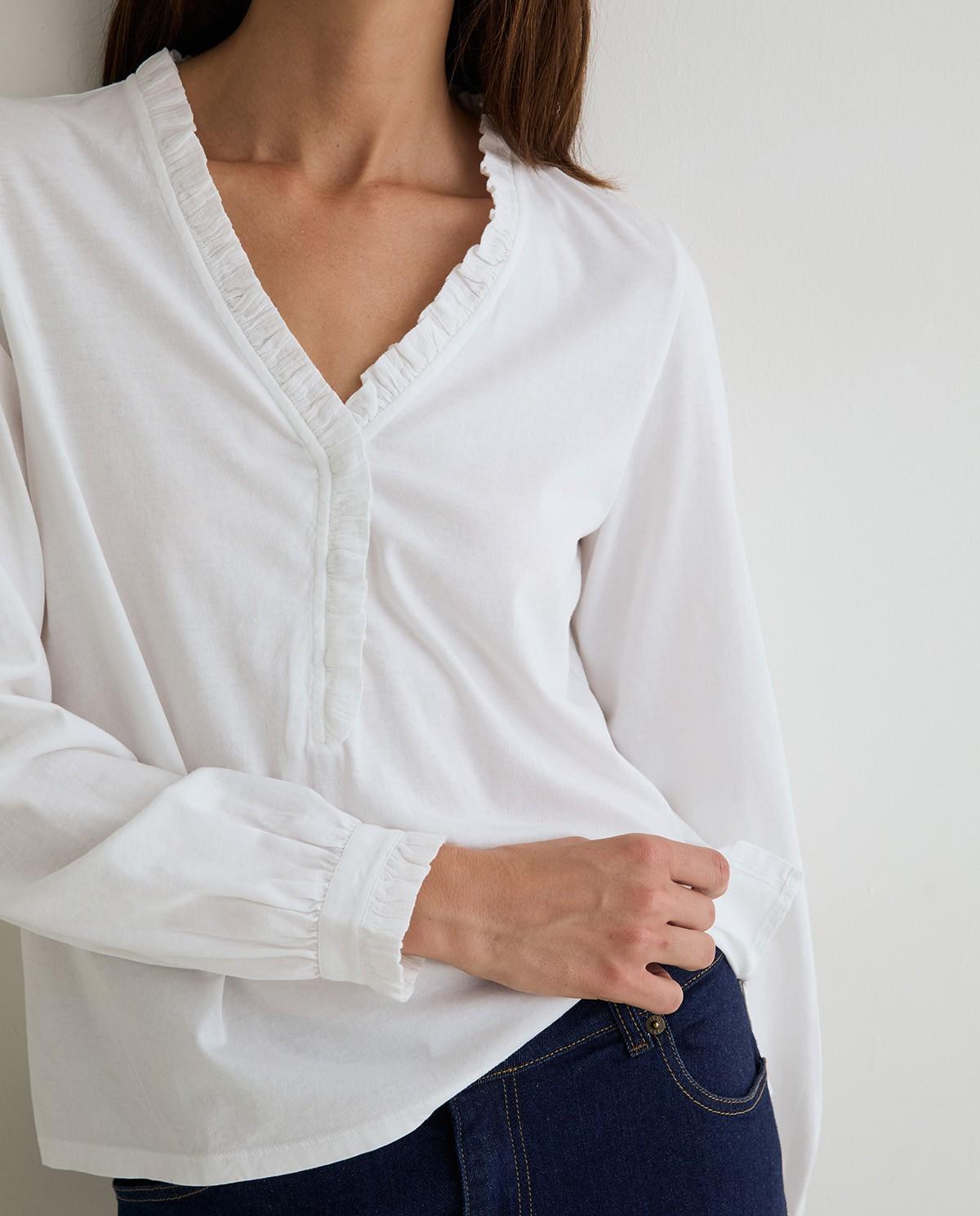 Camiseta de mujer de manga larga con detalle de volantes en el escote - Yerse - Blanco Blanco-1