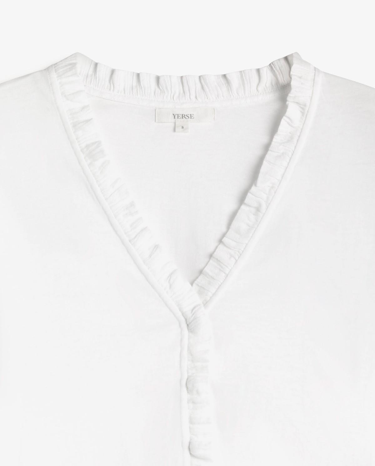 Camiseta de mujer de manga larga con detalle de volantes en el escote - Yerse - Blanco Blanco-5