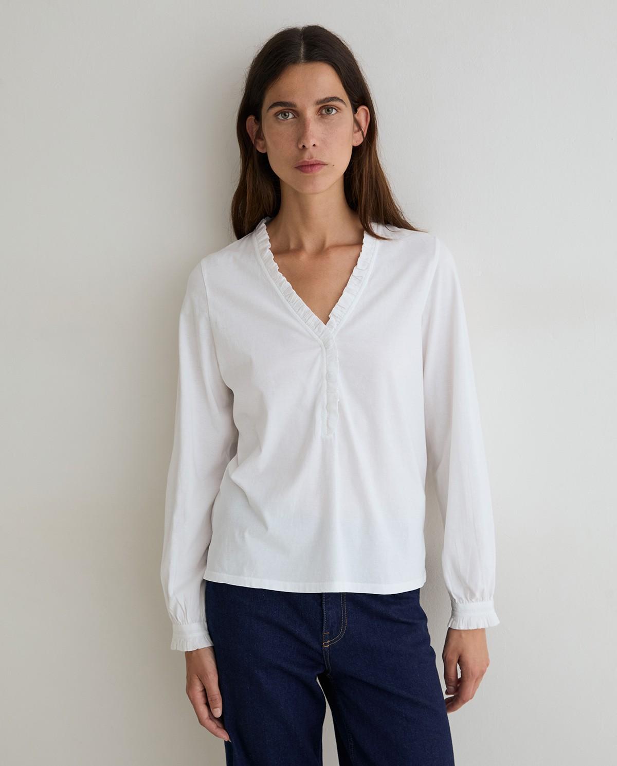 Camiseta de mujer de manga larga con detalle de volantes en el escote - Yerse - Blanco Blanco-3
