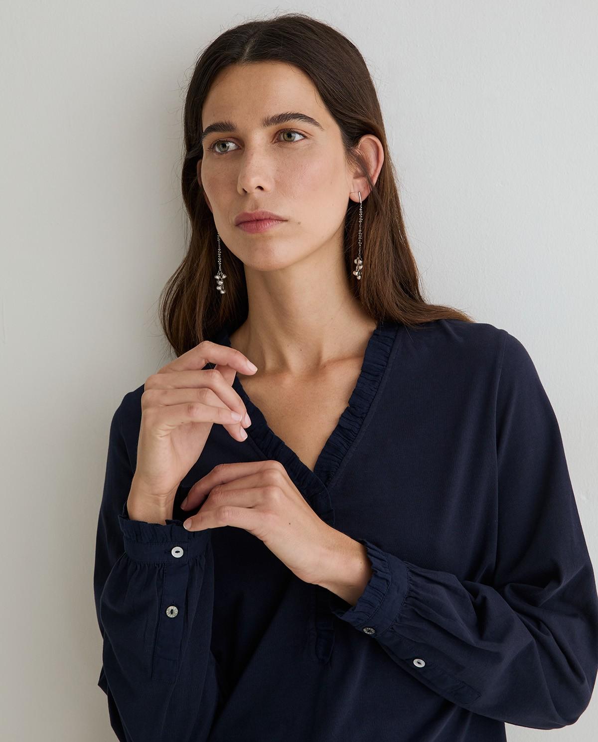 Camiseta de mujer de manga larga con volantes en escote - Yerse - Azul oscuro Azul oscuro-1
