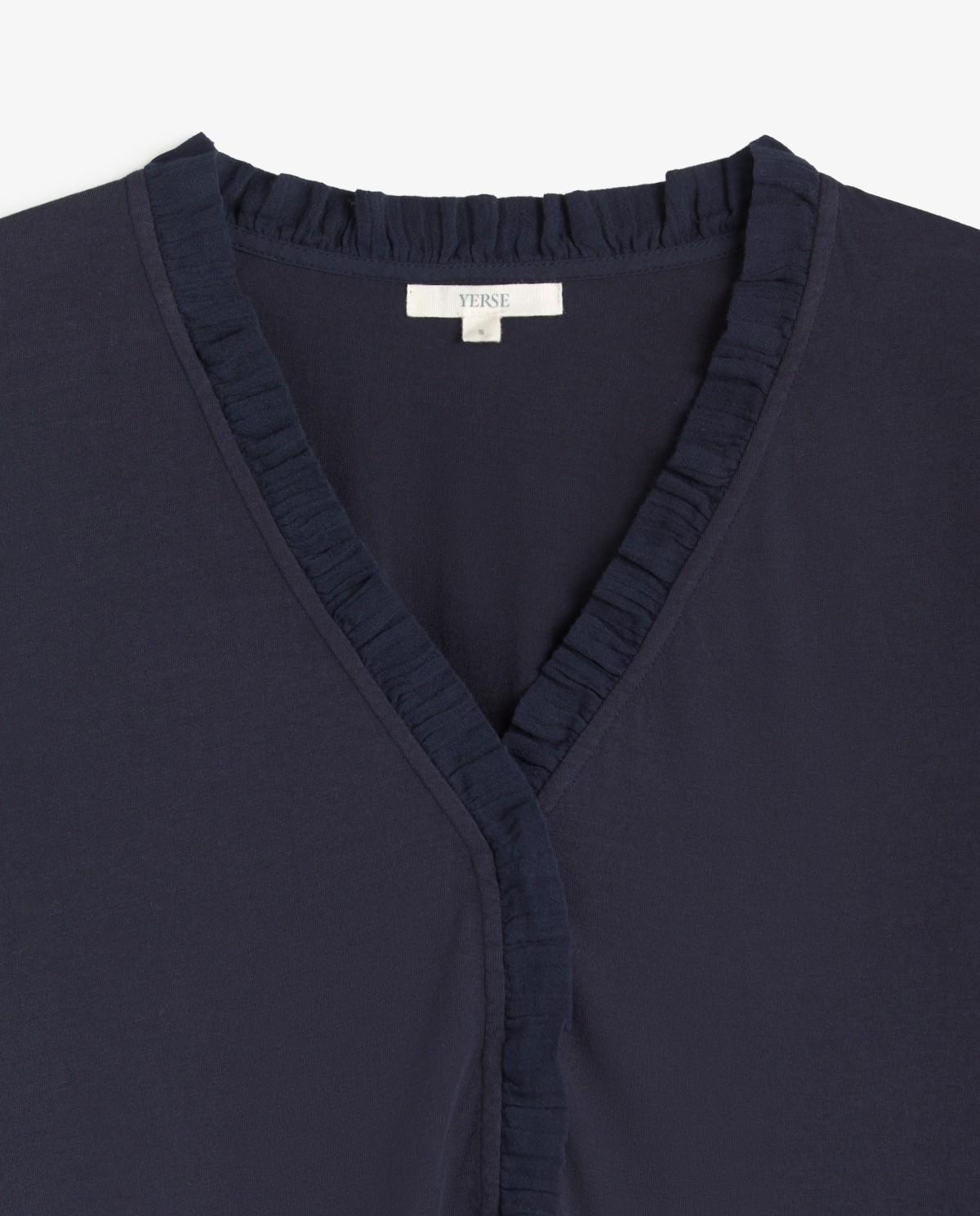 Camiseta de mujer de manga larga con volantes en escote - Yerse - Azul oscuro Azul oscuro-4