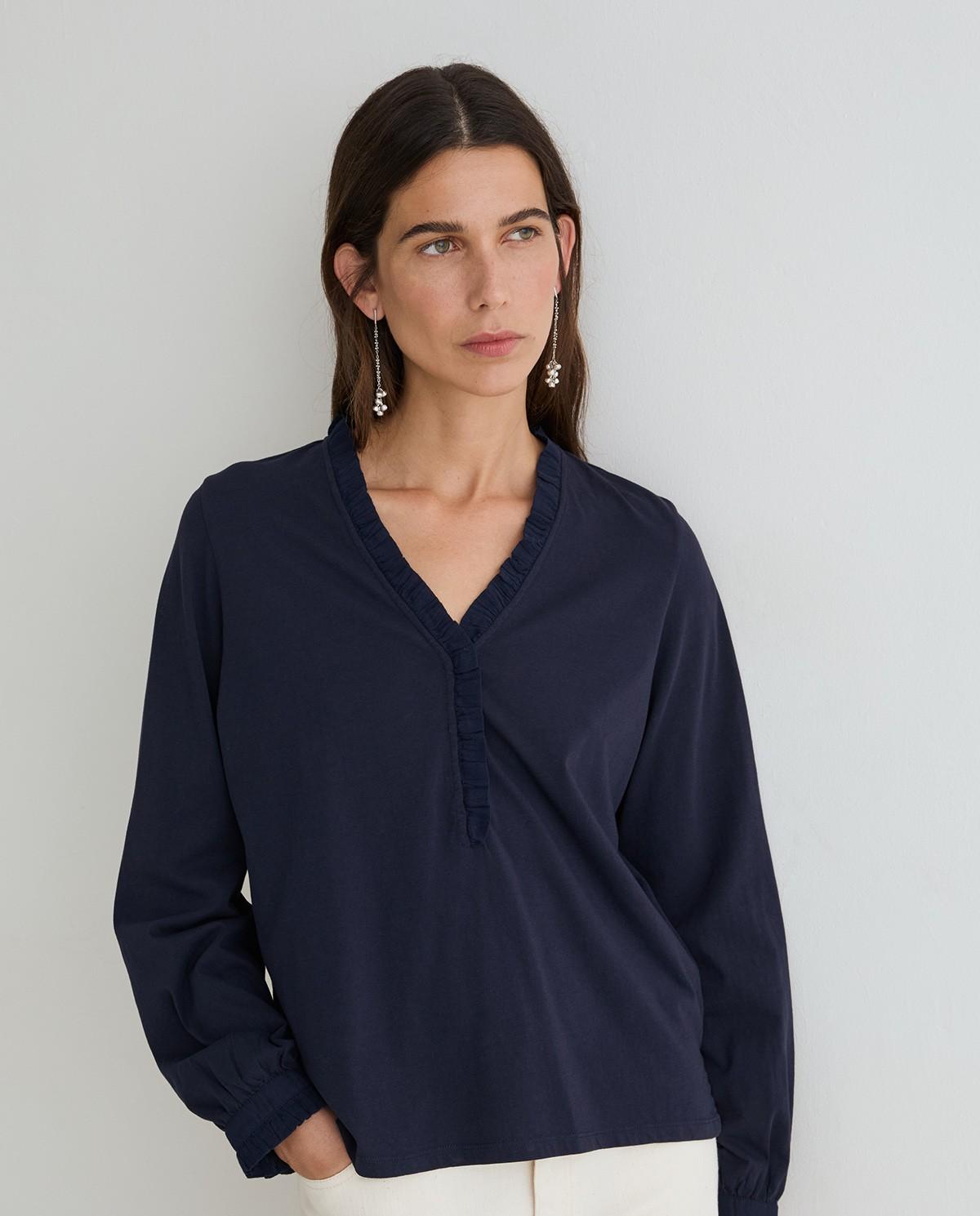 Camiseta de mujer de manga larga con volantes en escote - Yerse - Azul oscuro Azul oscuro-2