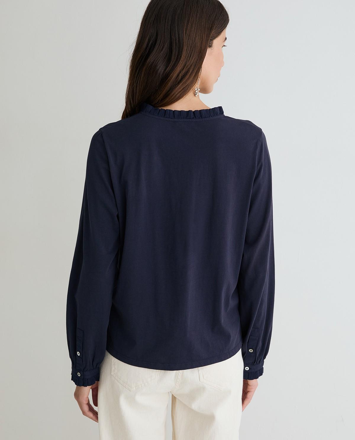 Camiseta de mujer de manga larga con volantes en escote - Yerse - Azul oscuro Azul oscuro-3
