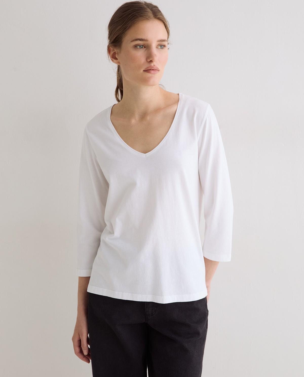 Camiseta básica de mujer con escote en pico de algodón orgánico - Yerse - Blanco Blanco-2