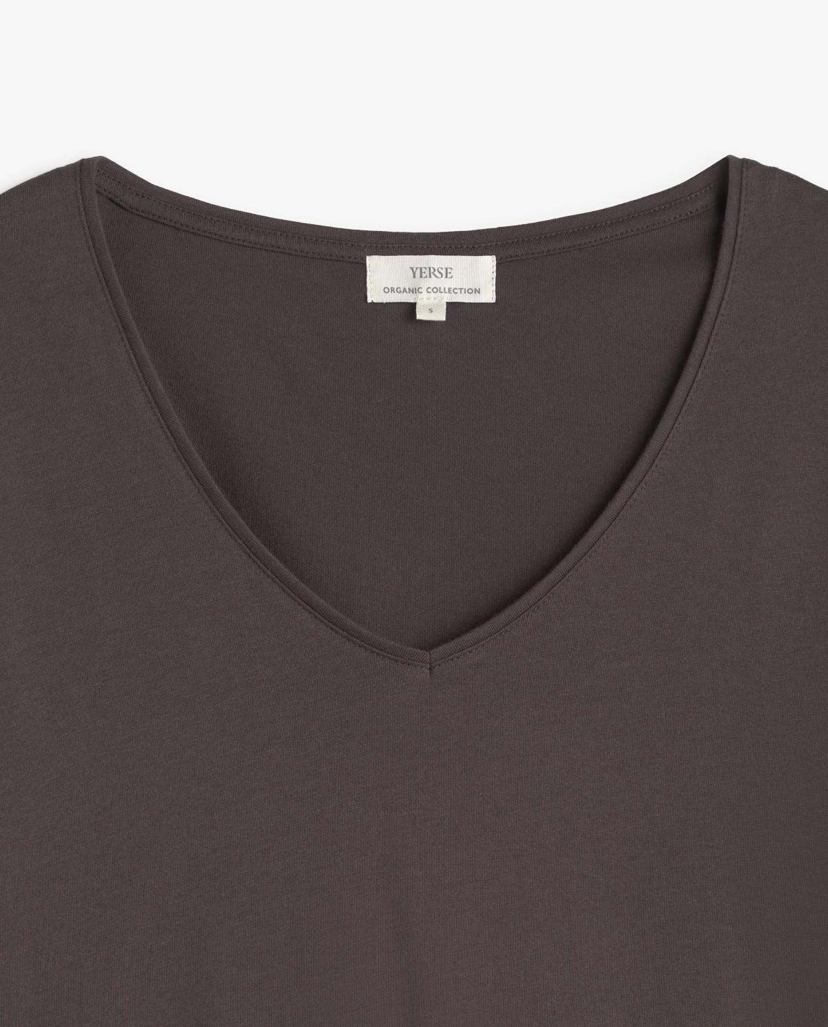 Camiseta básica de mujer con escote en pico de algodón orgánico - Yerse - Marrón oscuro Marrón oscuro-5