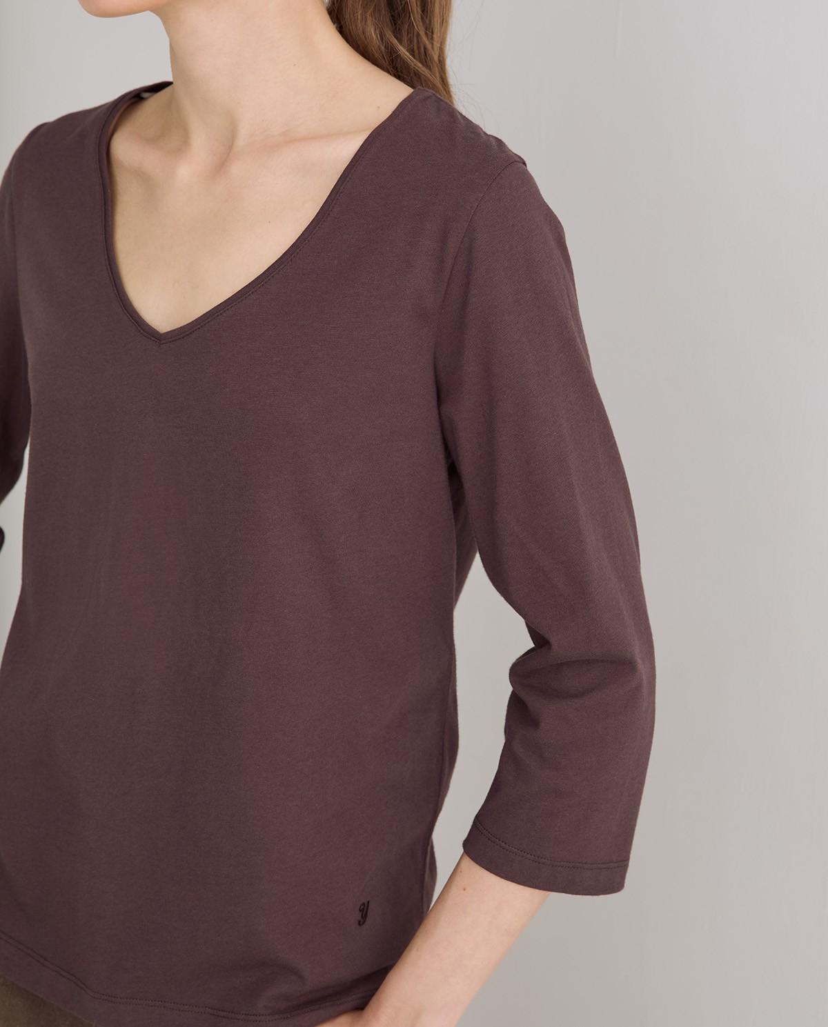 Camiseta básica de mujer con escote en pico de algodón orgánico - Yerse - Marrón oscuro Marrón oscuro-3