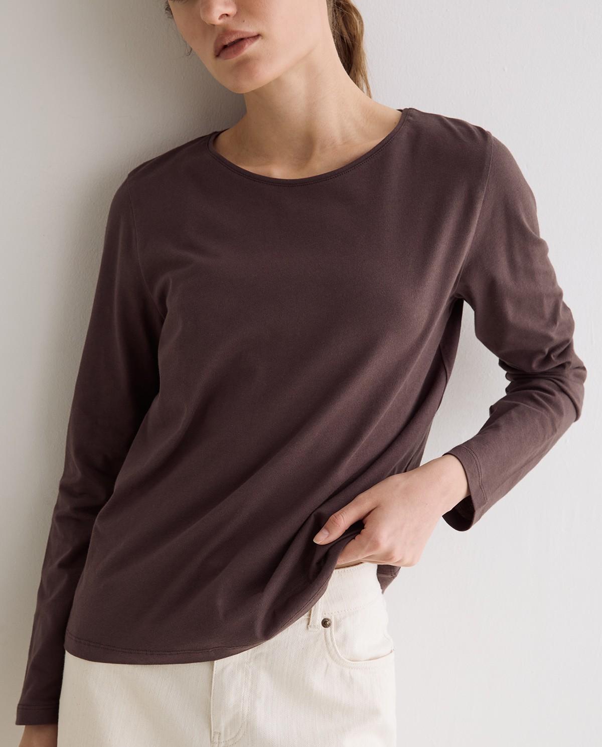 Camiseta básica de mujer de manga larga de algodón orgánico - Yerse - Marrón oscuro Marrón oscuro-1