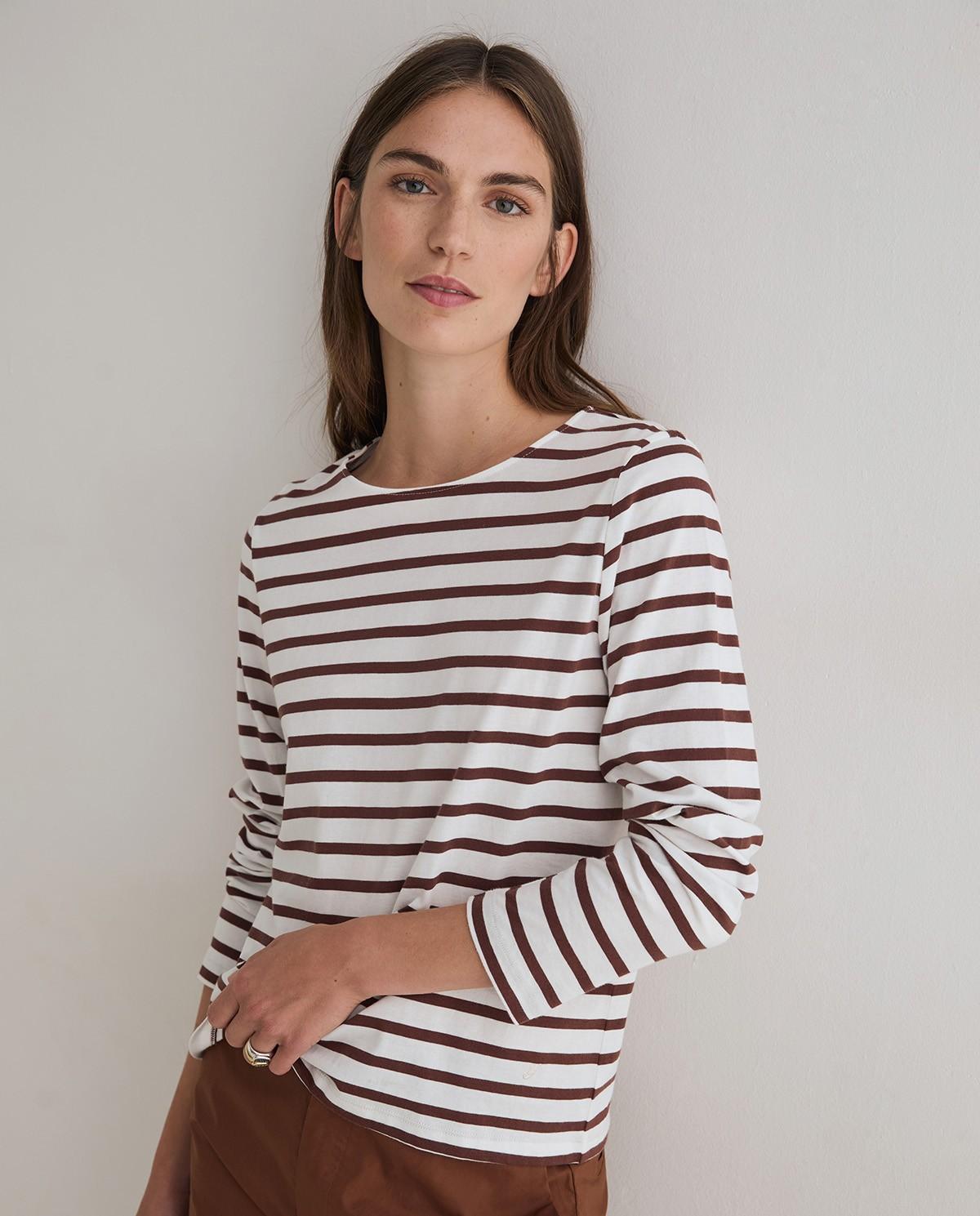 Camiseta de mujer a rayas de manga larga confeccionada en algodón orgánico - Yerse - Blanco / Chocolate Blanco / Chocolate-2