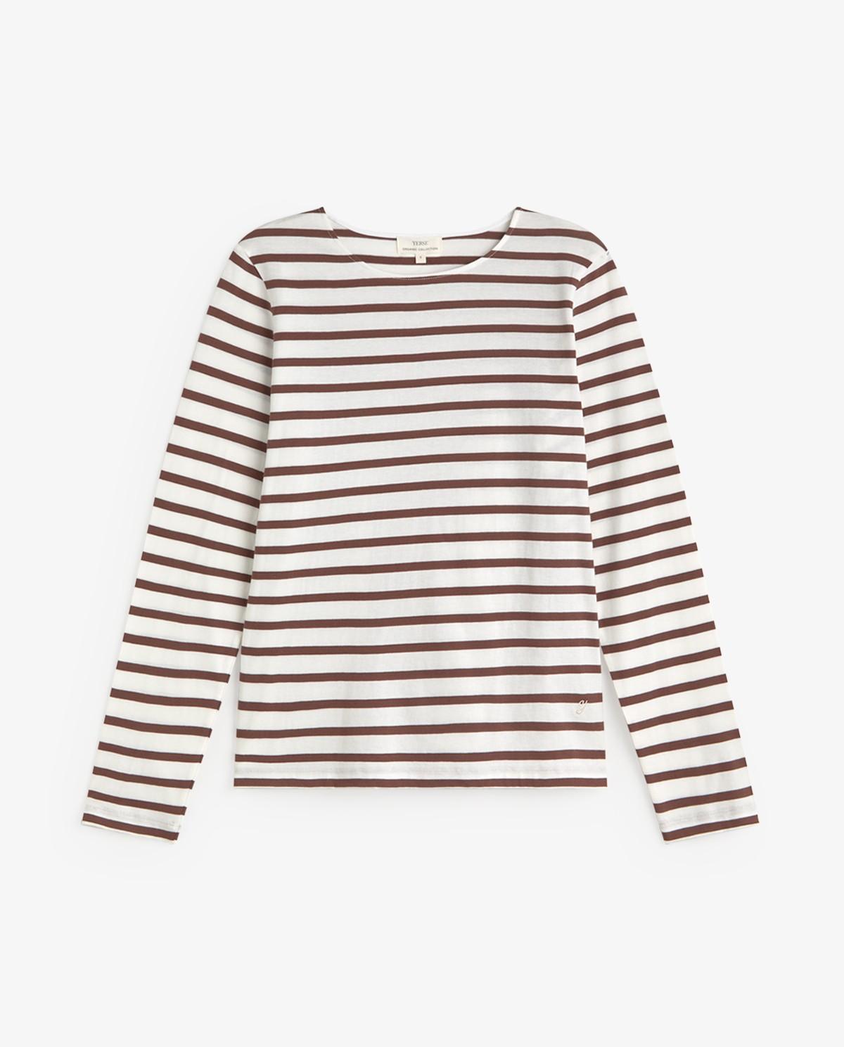 Camiseta de mujer a rayas de manga larga confeccionada en algodón orgánico - Yerse - Blanco / Chocolate Blanco / Chocolate-5