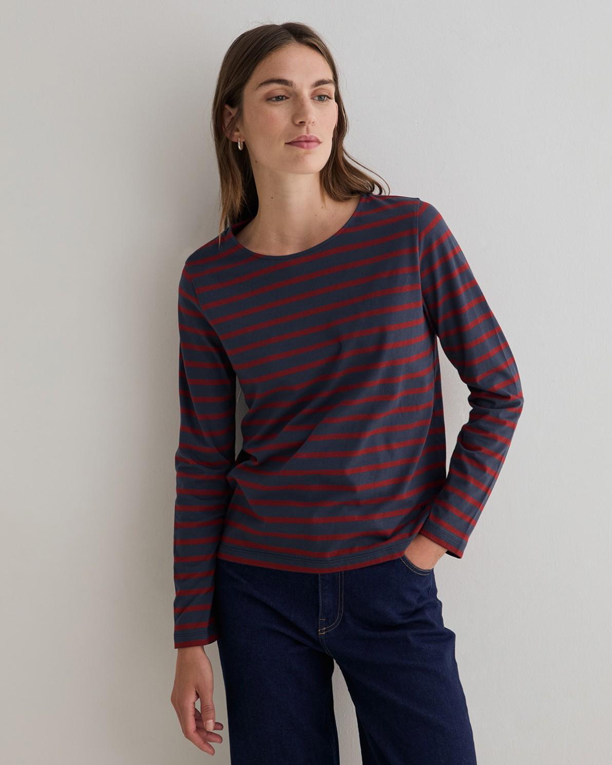 Camiseta de mujer a rayas de manga larga confeccionada en algodón orgánico - Yerse - Rojo / Azul marino Rojo / Azul marino-1