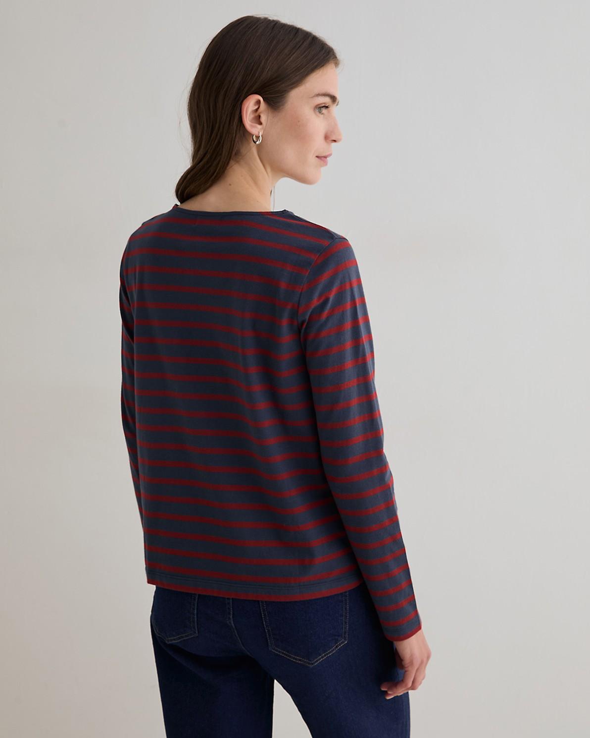 Camiseta de mujer a rayas de manga larga confeccionada en algodón orgánico - Yerse - Rojo / Azul marino Rojo / Azul marino-3