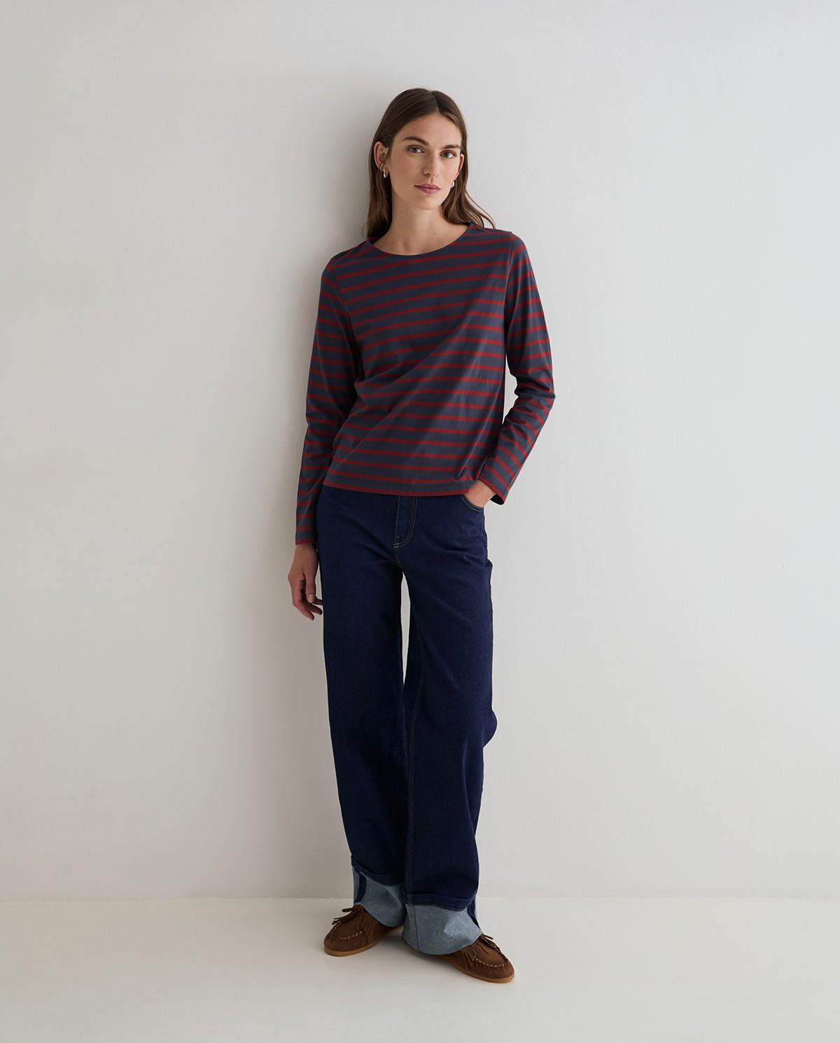 Camiseta de mujer a rayas de manga larga confeccionada en algodón orgánico - Yerse - Rojo / Azul marino Rojo / Azul marino-4