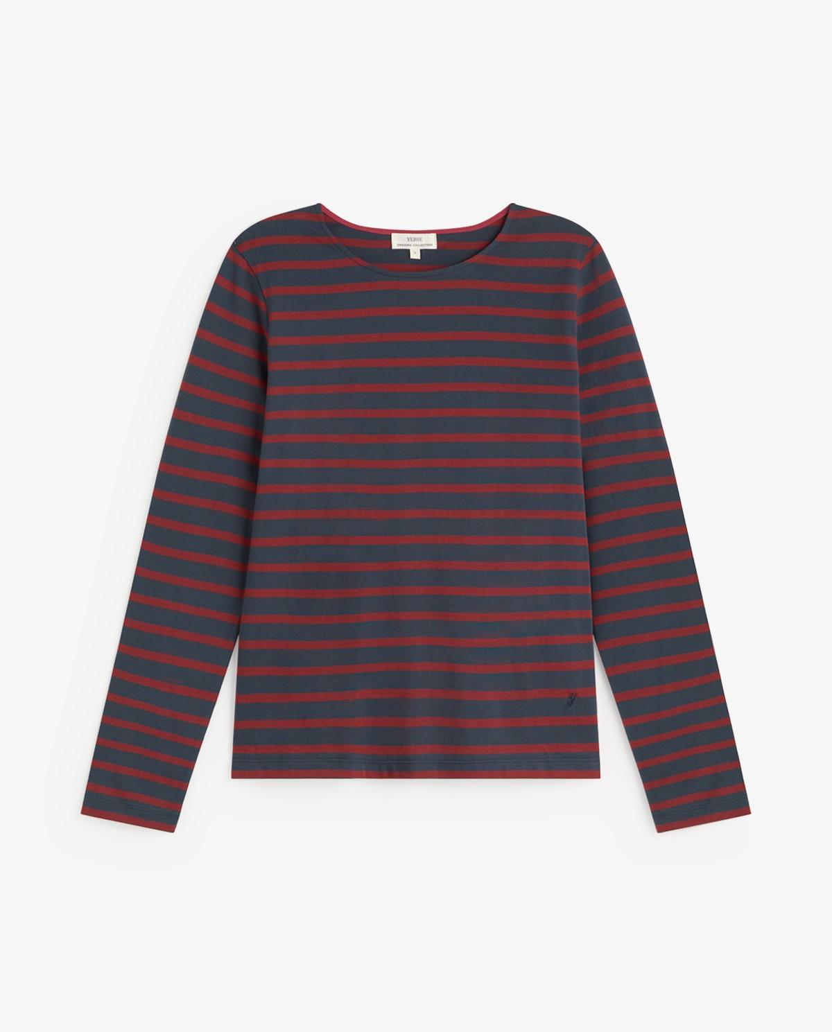 Camiseta de mujer a rayas de manga larga confeccionada en algodón orgánico - Yerse - Rojo / Azul marino Rojo / Azul marino-5