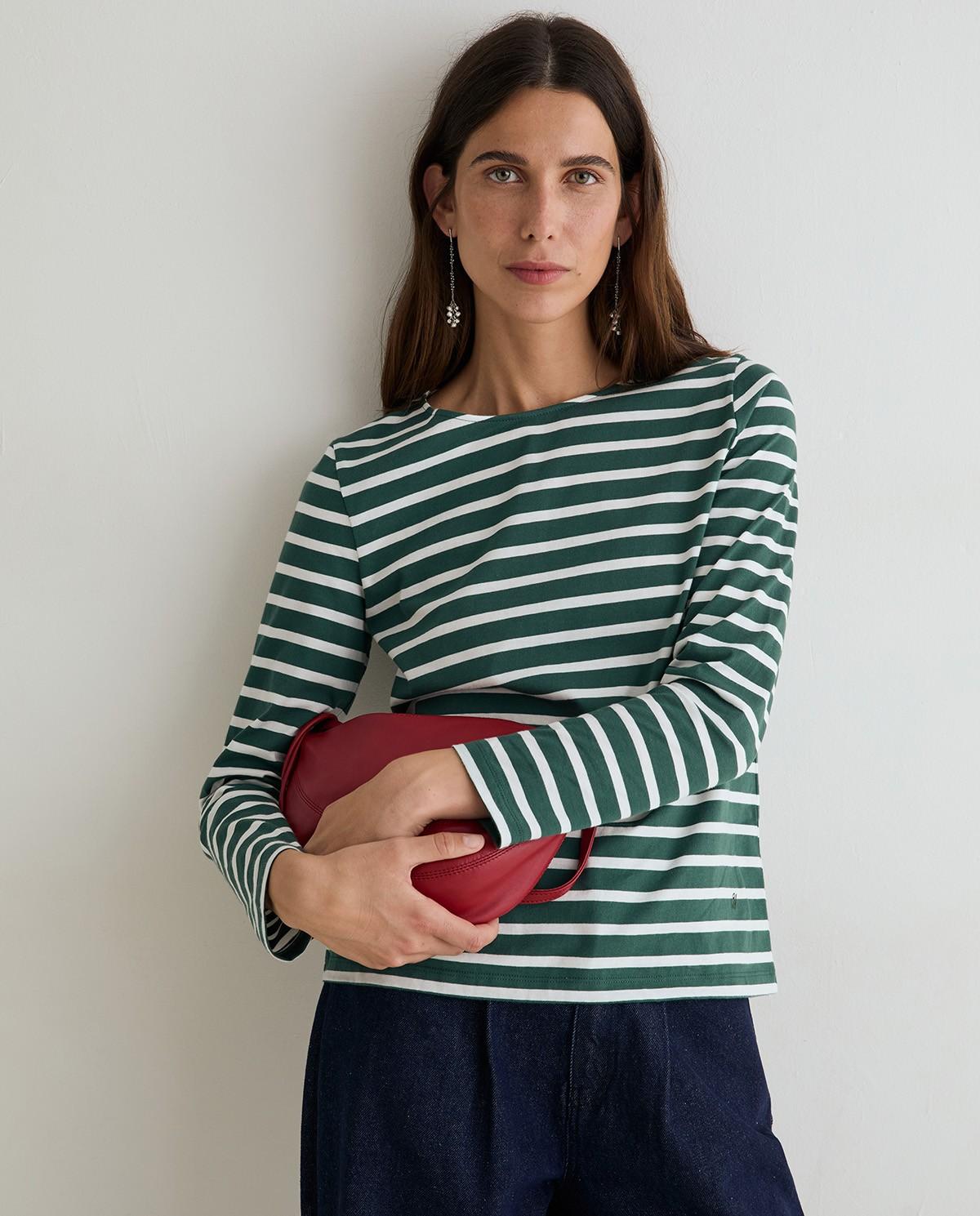 Camiseta de mujer a rayas de manga larga confeccionada en algodón orgánico - Yerse - Verde Verde-1