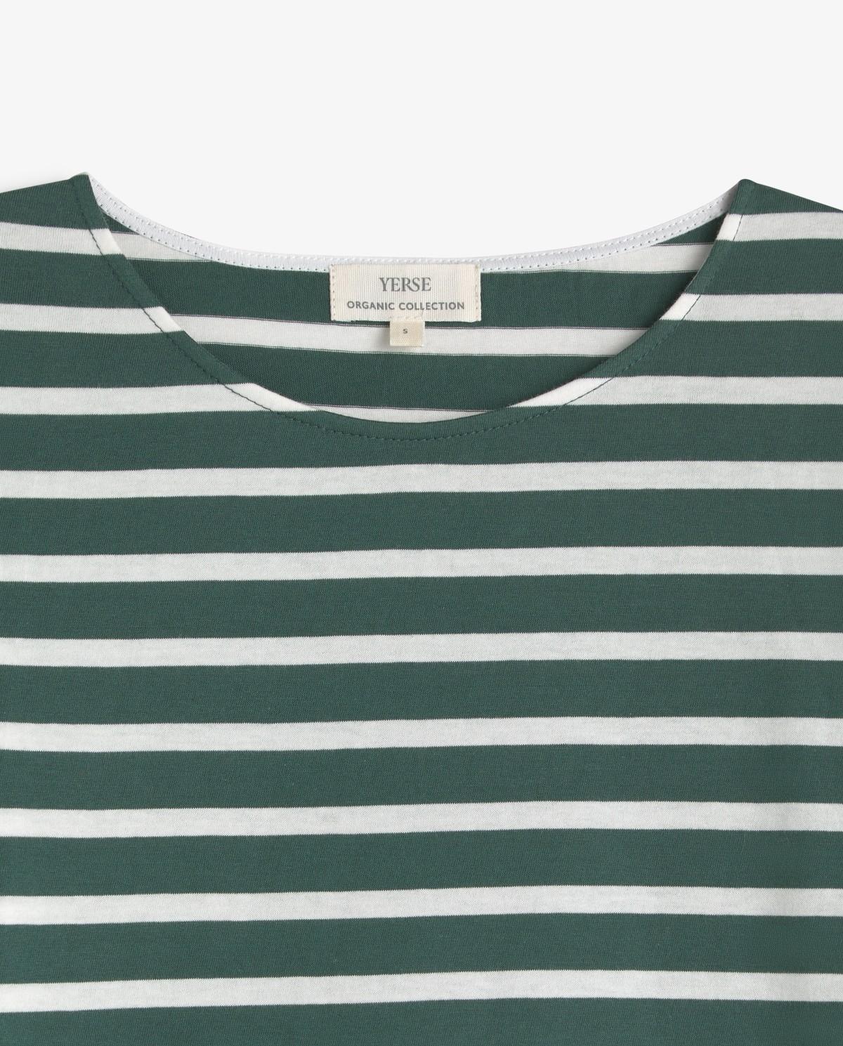Camiseta de mujer a rayas de manga larga confeccionada en algodón orgánico - Yerse - Verde Verde-5