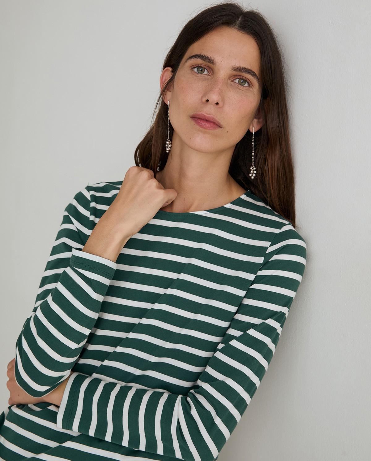 Camiseta de mujer a rayas de manga larga confeccionada en algodón orgánico - Yerse - Verde Verde-2