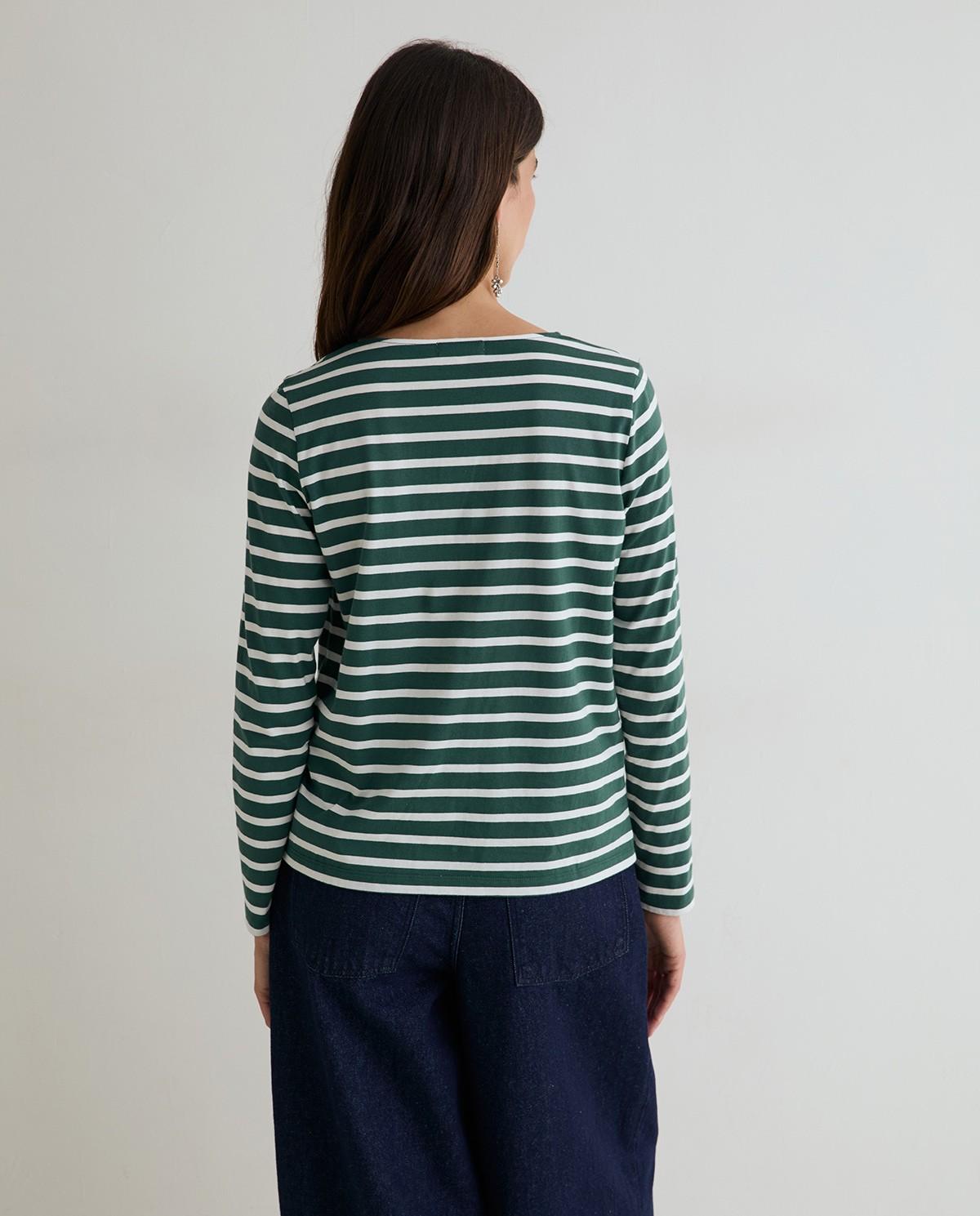 Camiseta de mujer a rayas de manga larga confeccionada en algodón orgánico - Yerse - Verde Verde-4