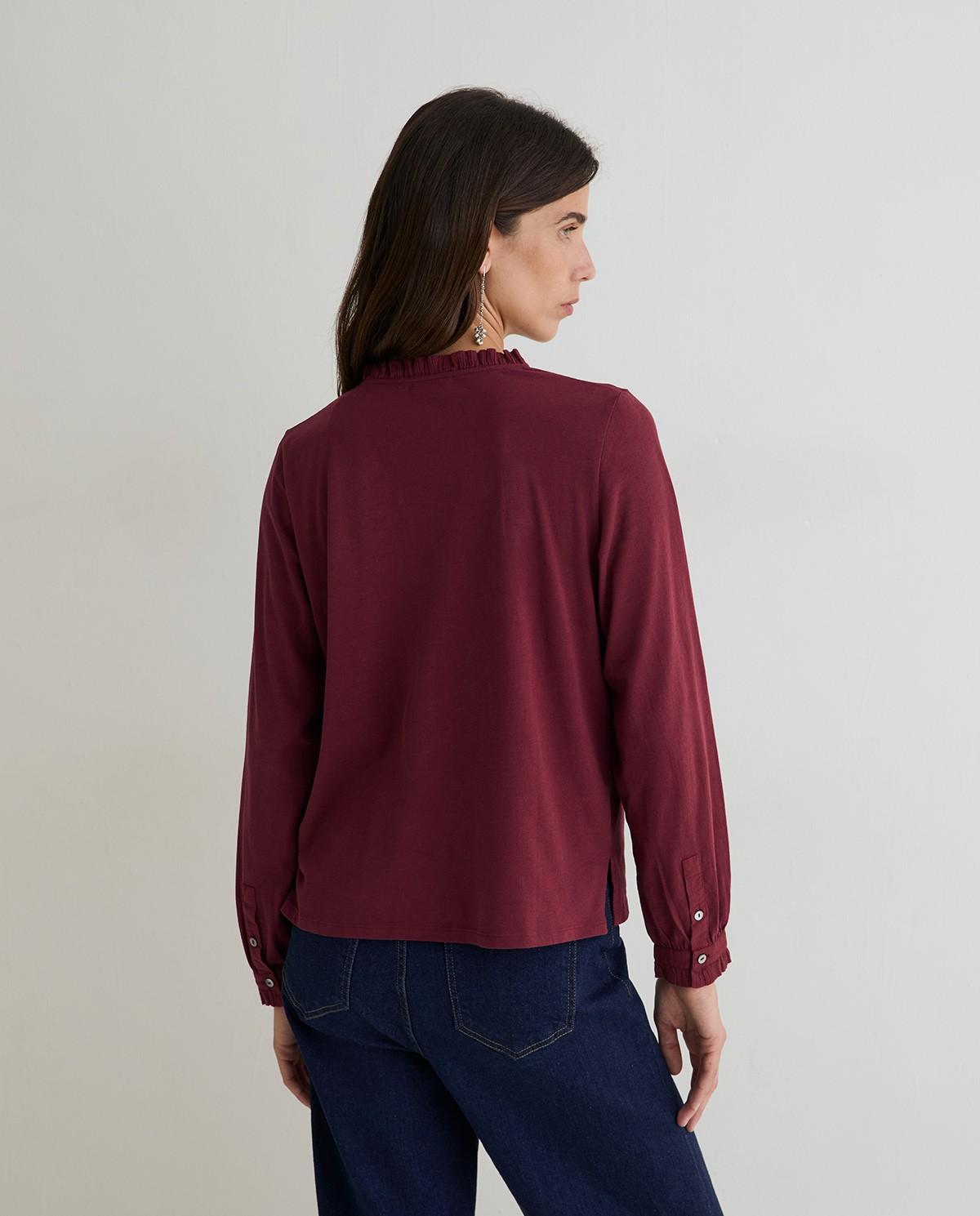 Camiseta de mujer de manga larga con detalle de volantes en el escote - Yerse - Granate Granate-3
