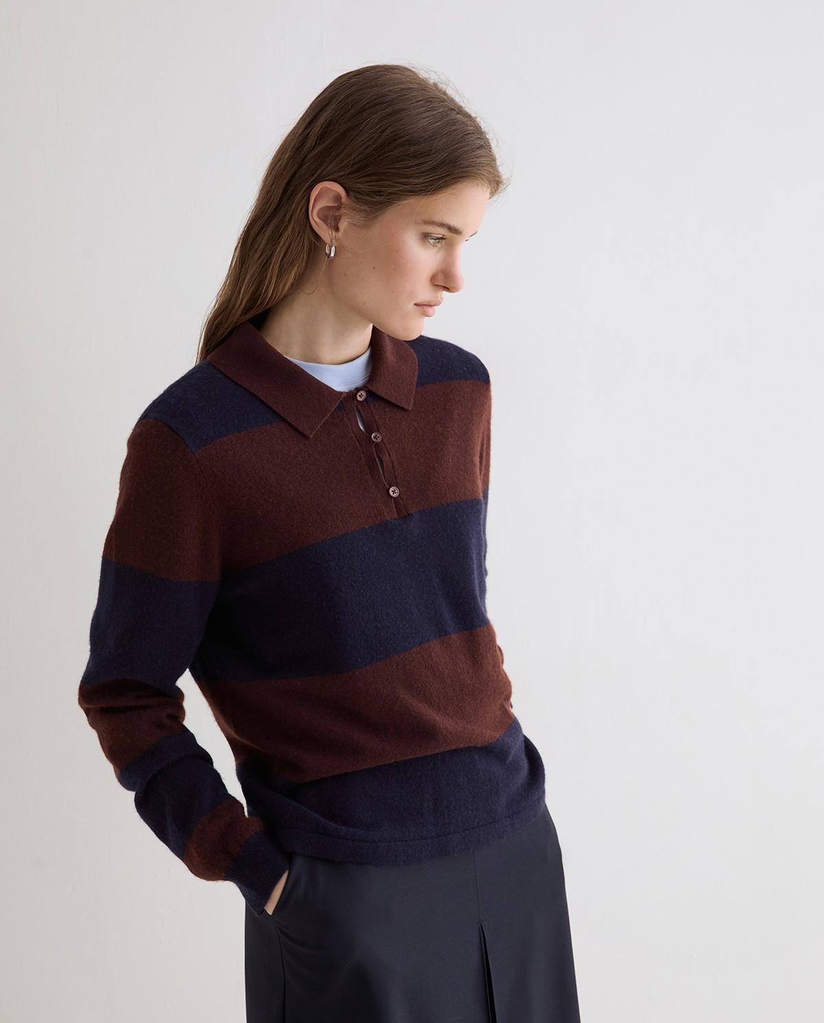Imagen 0 de Jersey de punto fino de mujer con cuello polo y manga larga Marrón oscuro