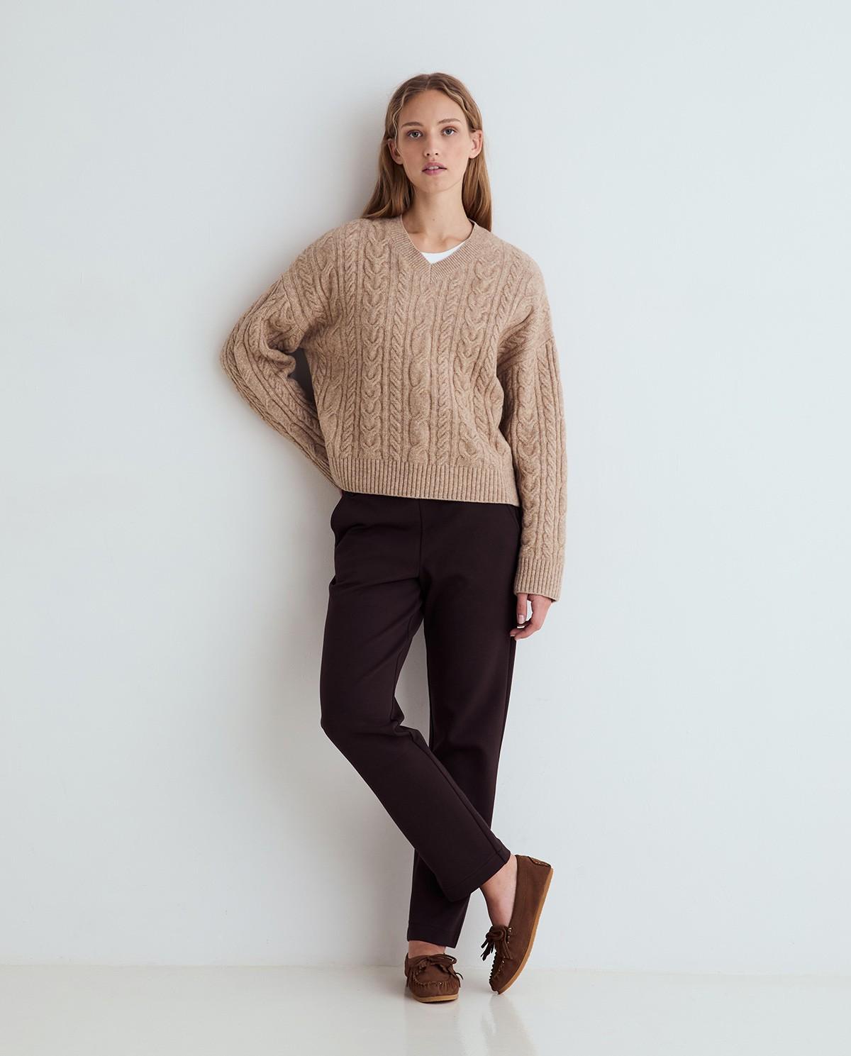 Pantalón recto de mujer de punto - Yerse - Marrón oscuro Marrón oscuro-1