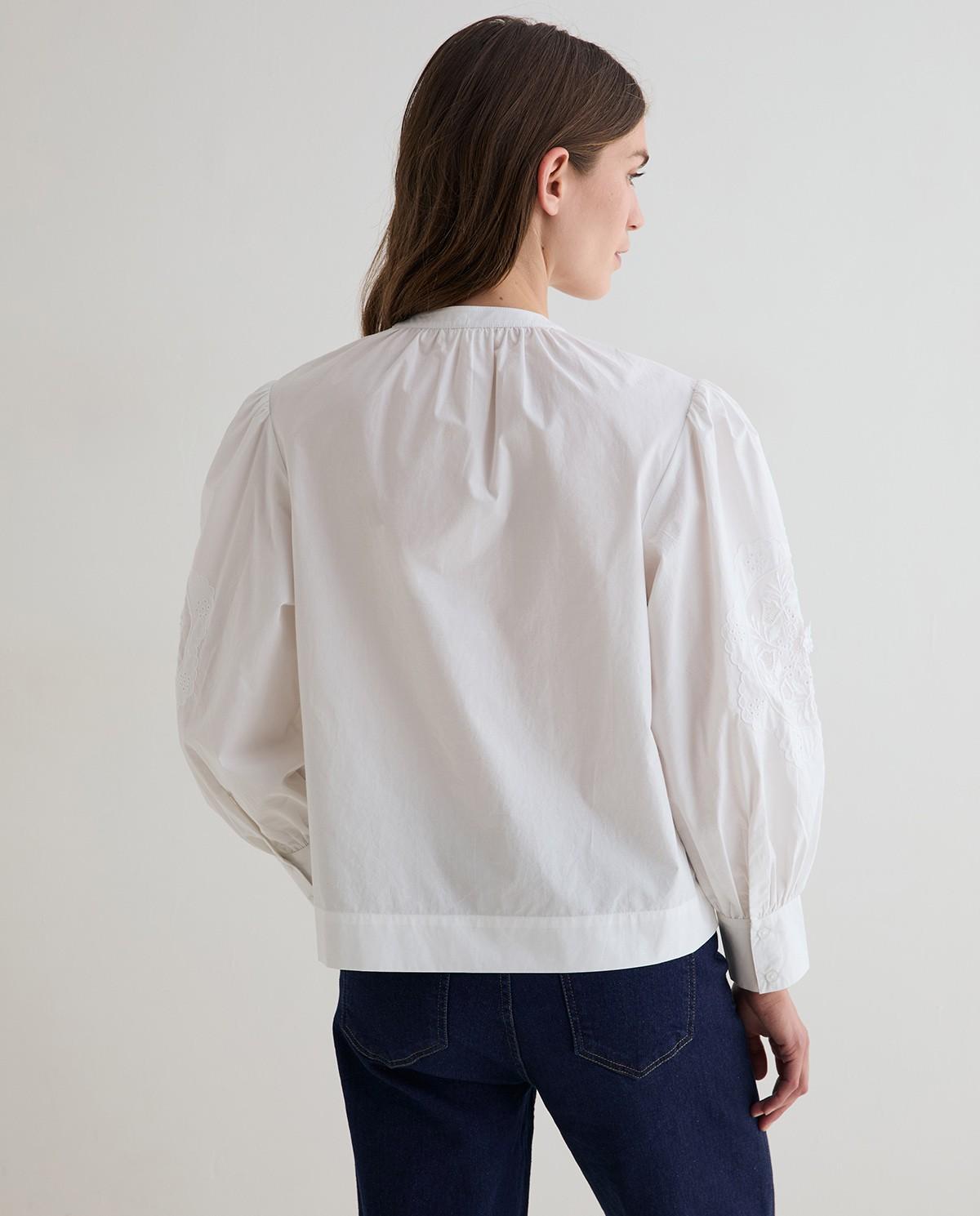 Blusa de mujer con cuello mao y manga larga abullonada con bordados - Yerse - Blanco Blanco-4